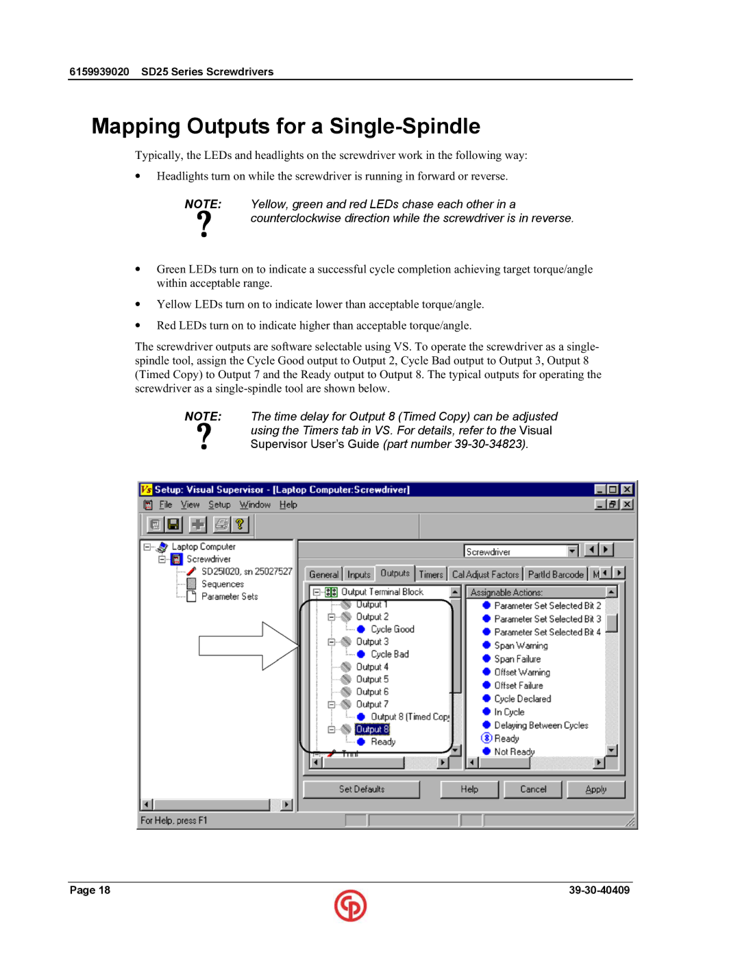 Chicago Pneumatic SD25 user manual Mapping Outputs for a Single-Spindle, Supervisor User’s Guide part number 