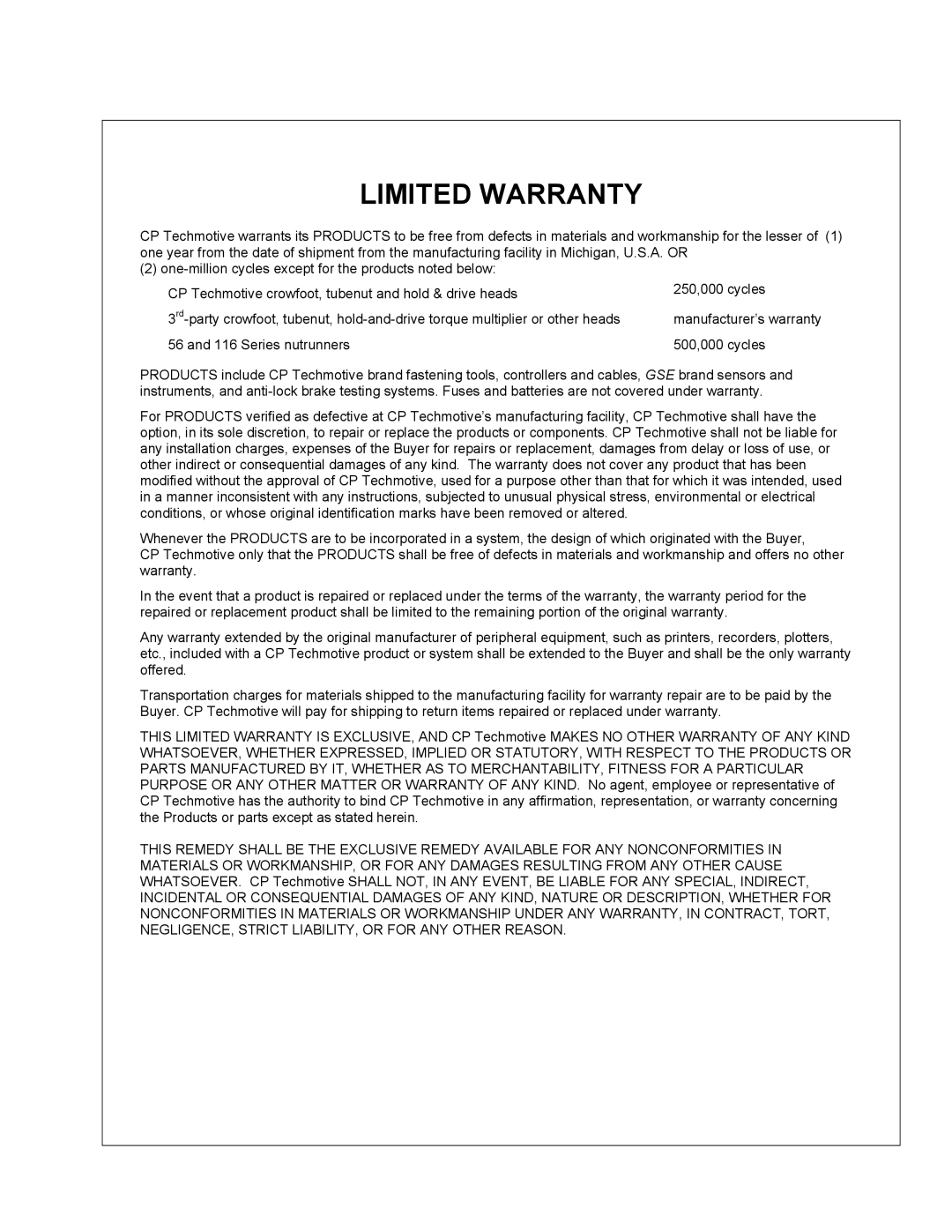 Chicago Pneumatic SD25 user manual Limited Warranty 