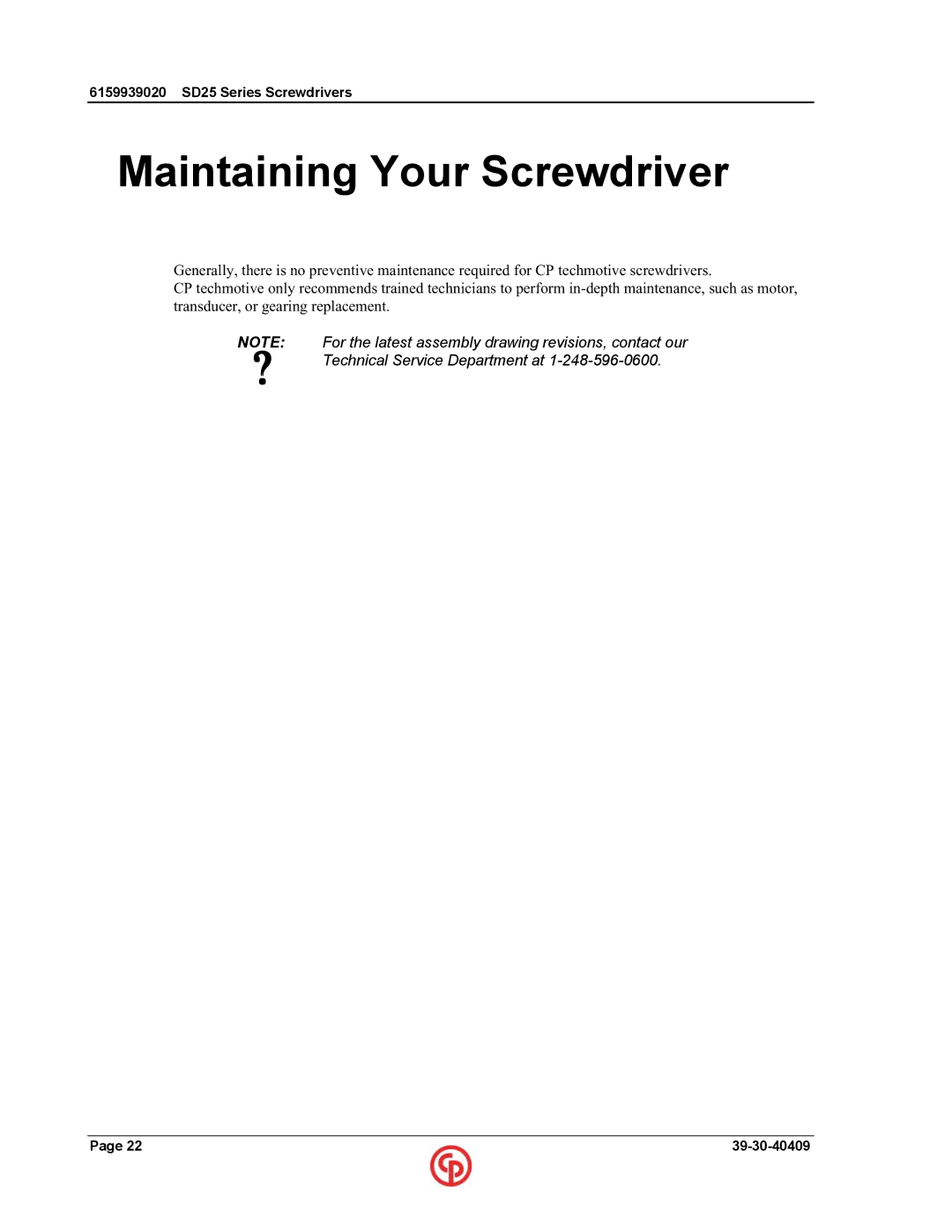 Chicago Pneumatic SD25 user manual Maintaining Your Screwdriver 