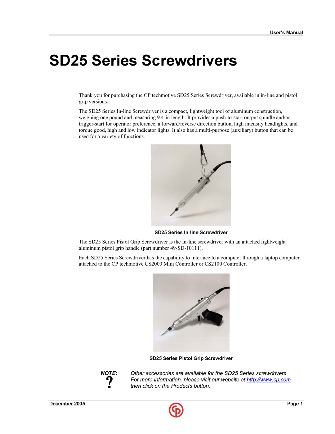 Chicago Pneumatic user manual SD25 Series Screwdrivers 