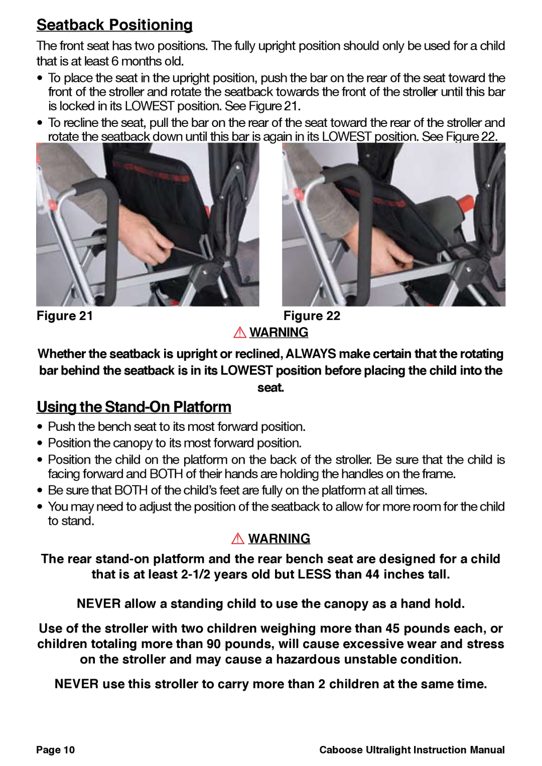 Chicco 455, 457, 458 manual Seatback Positioning, Using the Stand-On Platform 