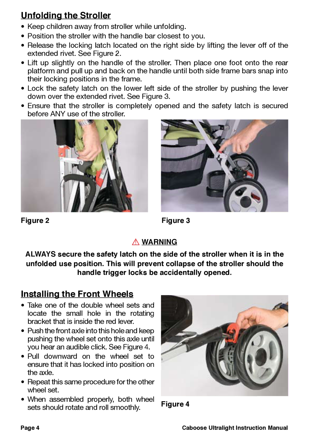 Chicco 455, 457, 458 manual Unfolding the Stroller, Installing the Front Wheels 