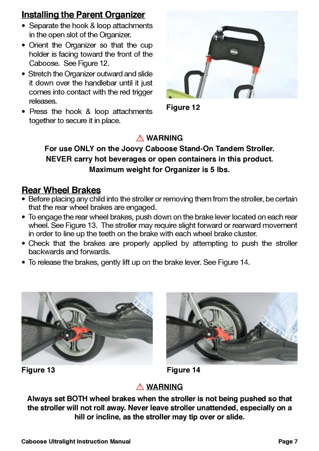 Chicco 455, 457, 458 manual Installing the Parent Organizer, Rear Wheel Brakes 