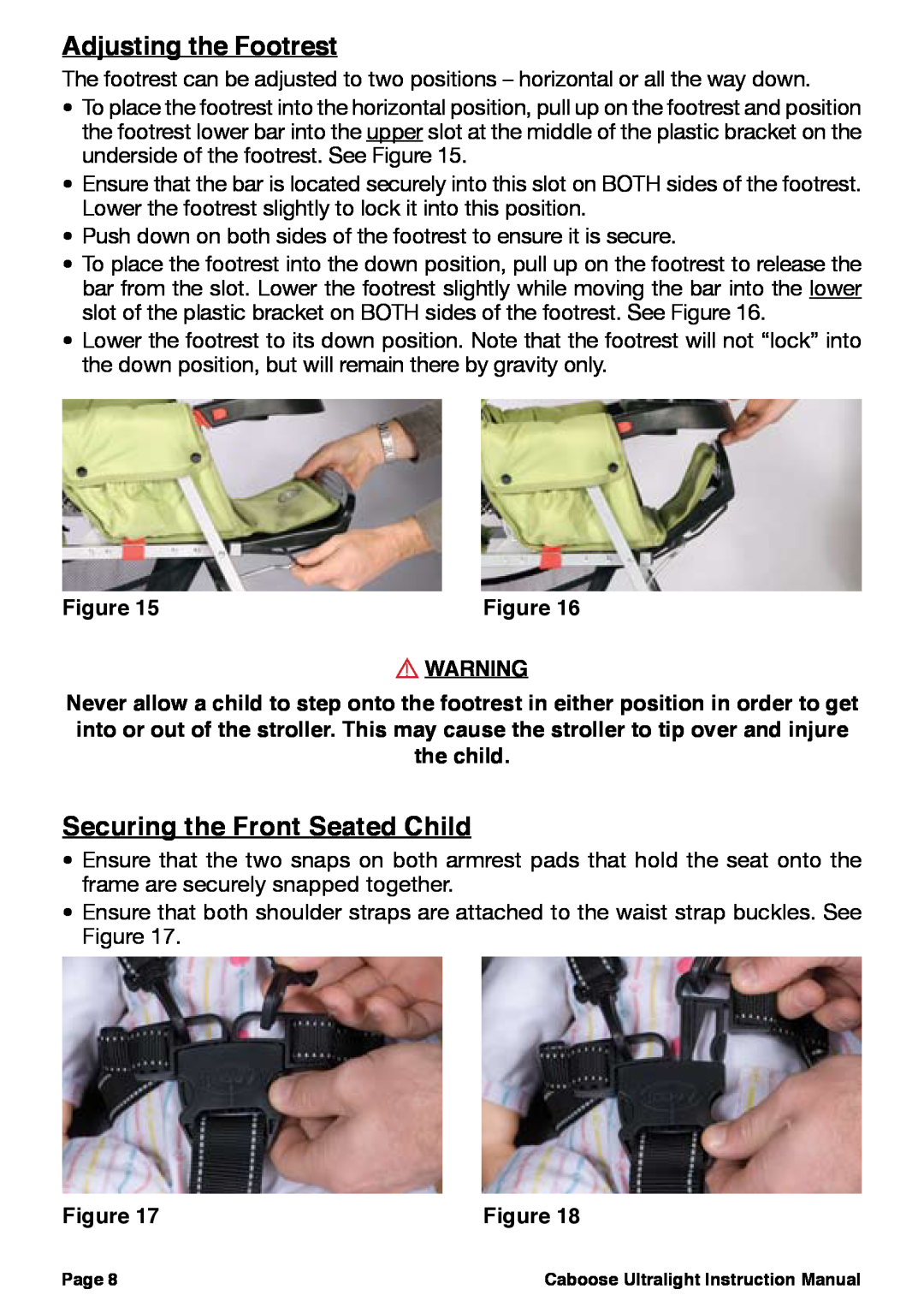 Chicco 458, 457, 455 manual Adjusting the Footrest, Securing the Front Seated Child 