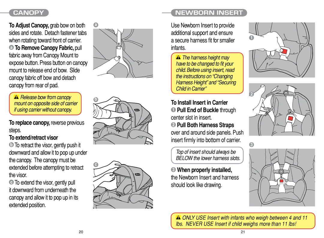 Chicco Car Seat manual To Install Insert in Carrier, To extend/retract visor 