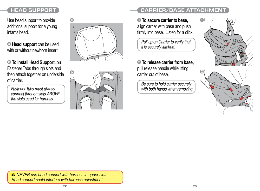 Chicco Car Seat manual To release carrier from base, Carrier out of base, Head Support, CARRIER/BASE Attachment 