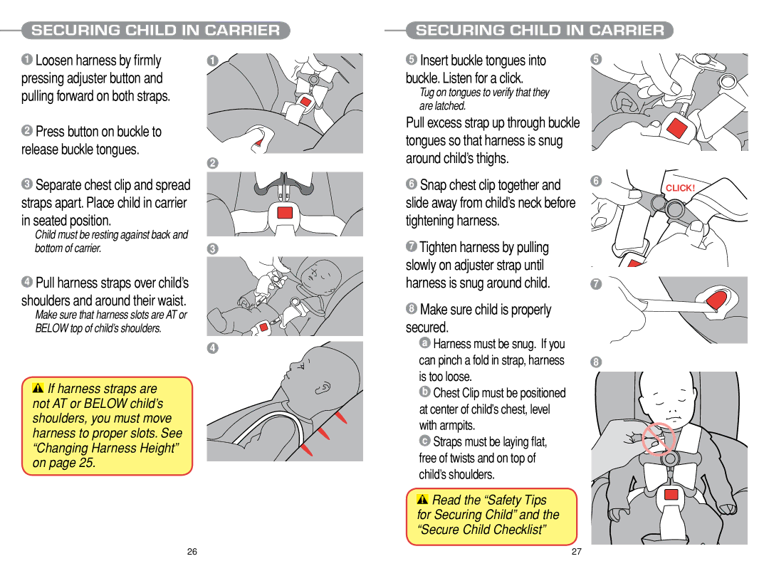 Chicco Car Seat manual Make sure child is properly secured, Securing Child in Carrier 