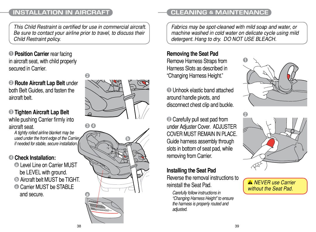 Chicco Car Seat manual Installing the Seat Pad, Installation in Aircraft, Cleaning & Maintenance 