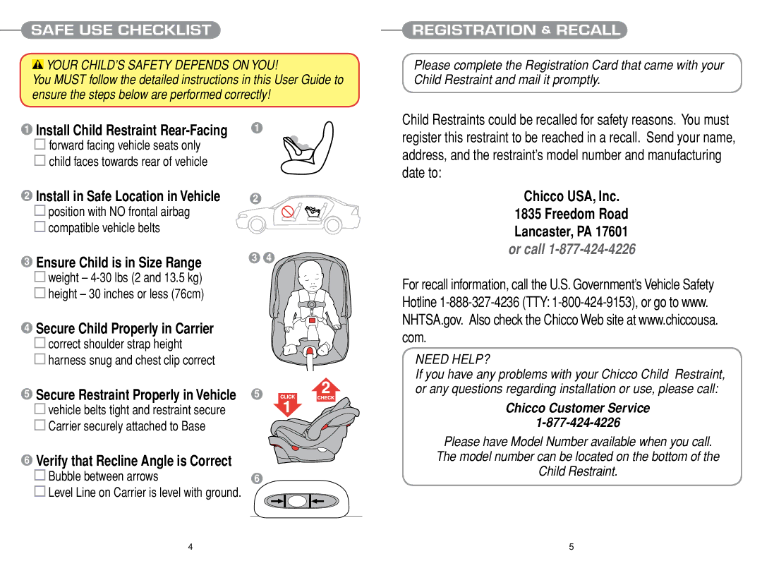 Chicco Car Seat manual Ensure Child is in Size Range, Safe USE Checklist, Registration & Recall 