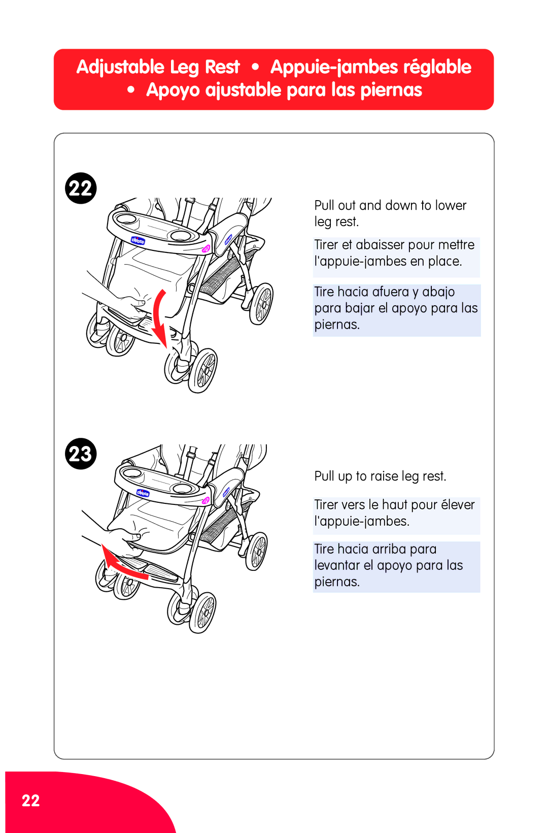 Chicco Ct 0.1 manual Pull out and down to lower leg rest 