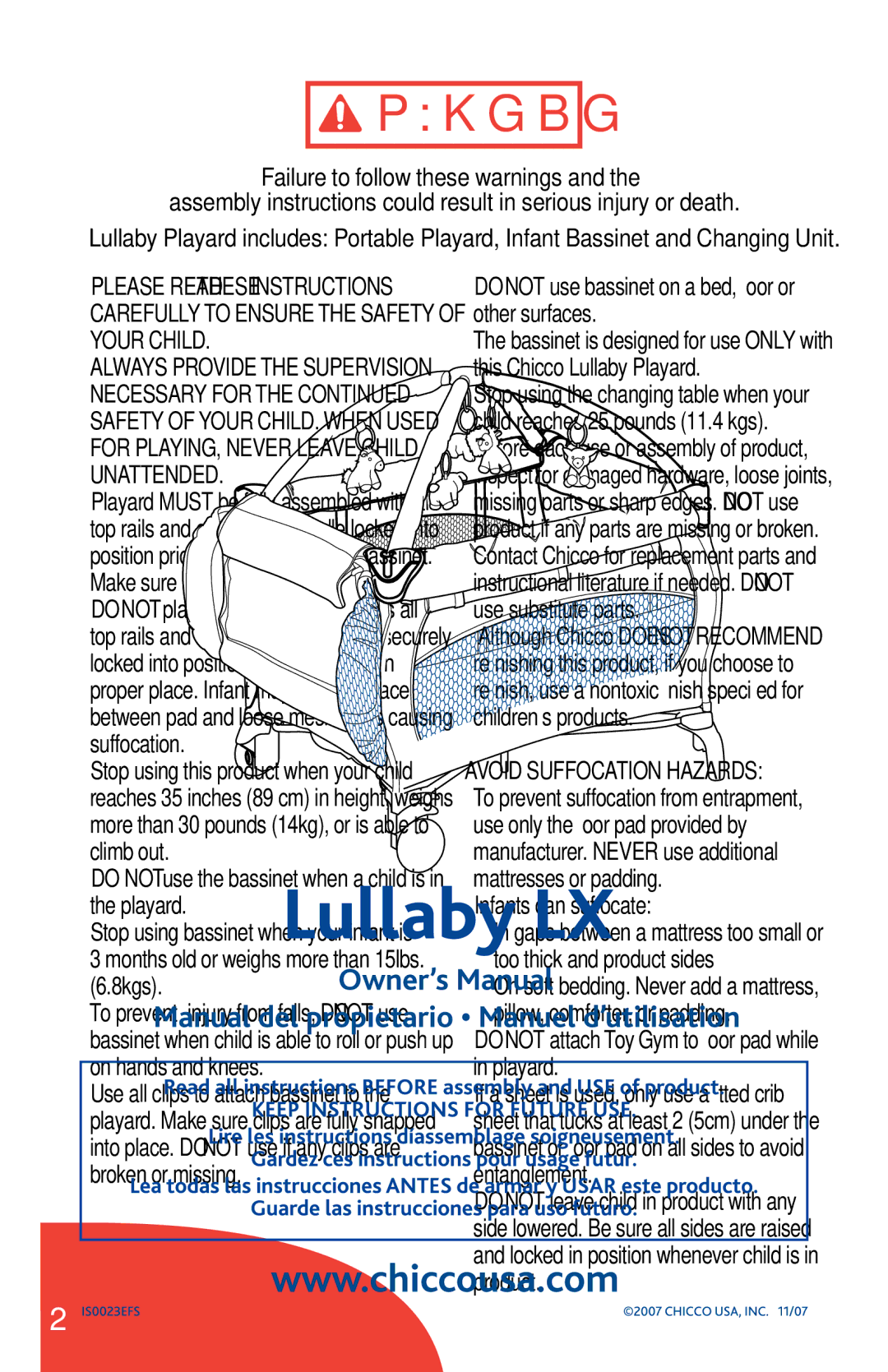 Chicco Lullaby LX manual Pkgbg@, Do not place more than one child in bassinet or playard 