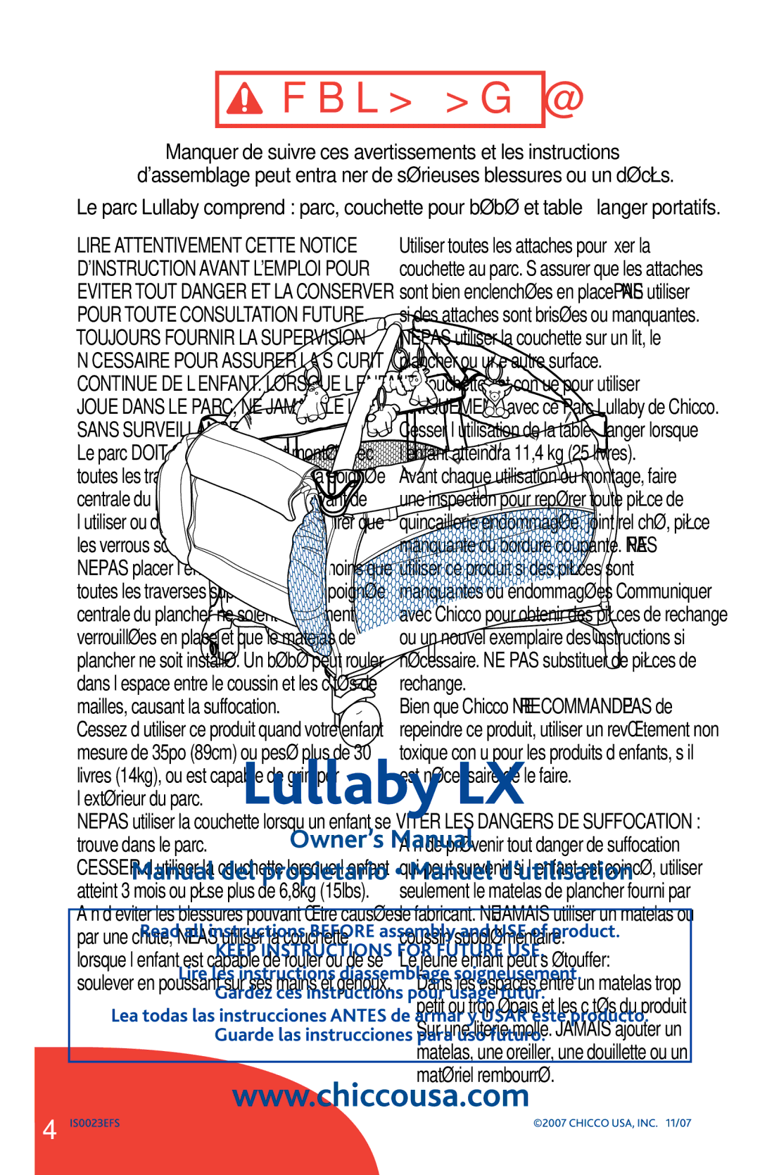 Chicco Lullaby LX manual FblG@K=, NE PAS UTILISER de matelas d’eau avec ce produit 