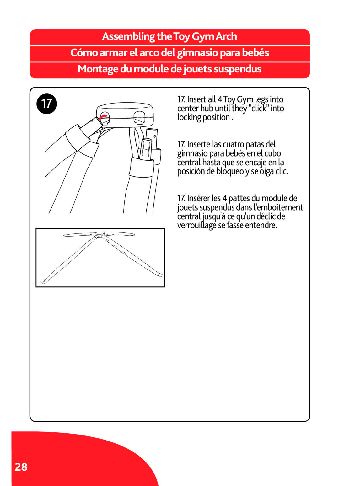 Chicco LX/SE manual Locking position, Center hub until they click into, Inserte las cuatro patas del 