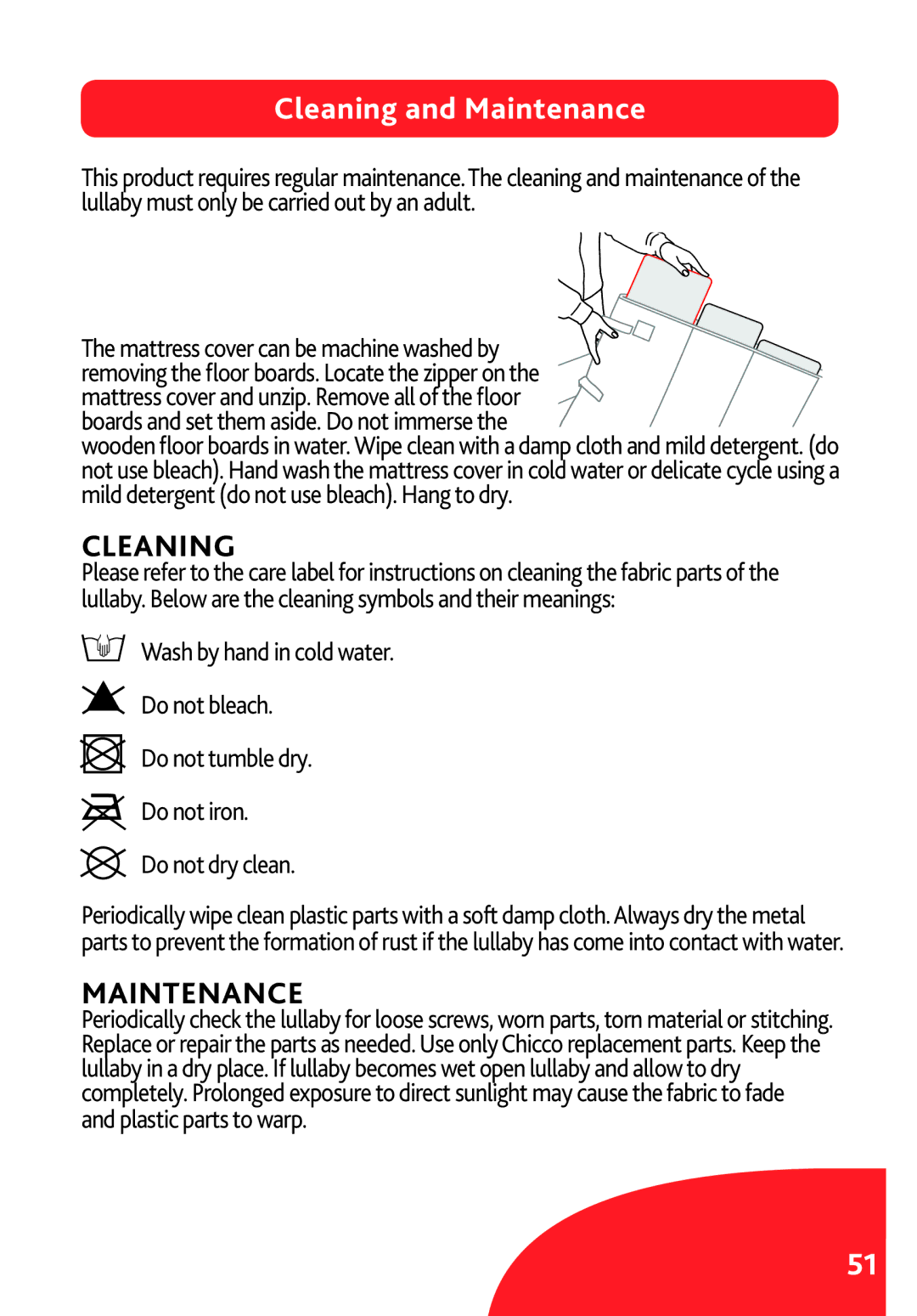 Chicco LX/SE manual Cleaning and Maintenance, Boards and set them aside. Do not immerse 