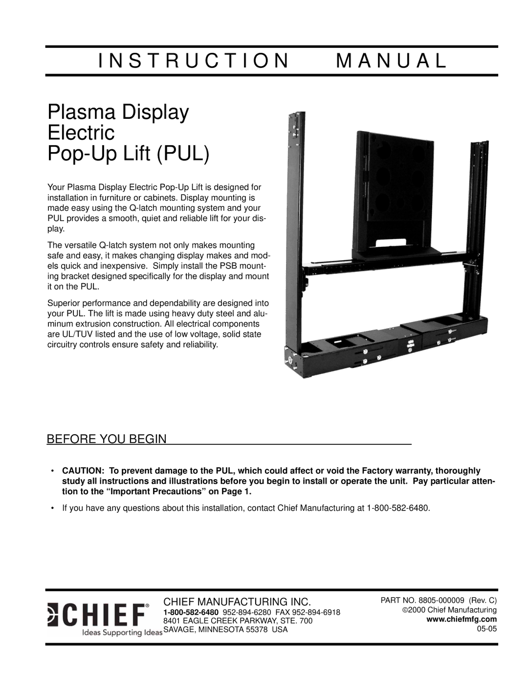 Chief Manufacturing 8805-000009 manual Plasma Display Electric Pop-Up Lift PUL, Before YOU Begin 