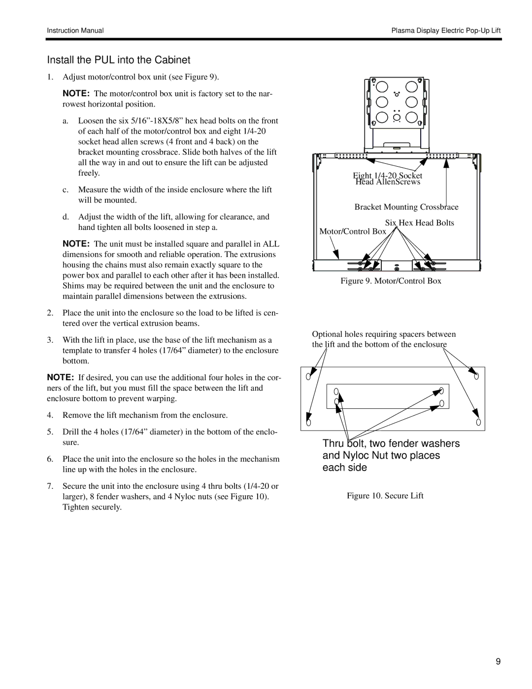 Chief Manufacturing 8805-000009 manual Install the PUL into the Cabinet, Secure Lift 