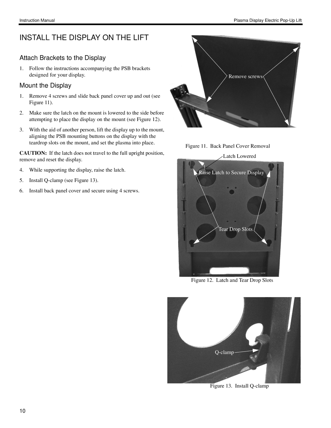 Chief Manufacturing 8805-000009 manual Install the Display on the Lift, Attach Brackets to the Display, Mount the Display 