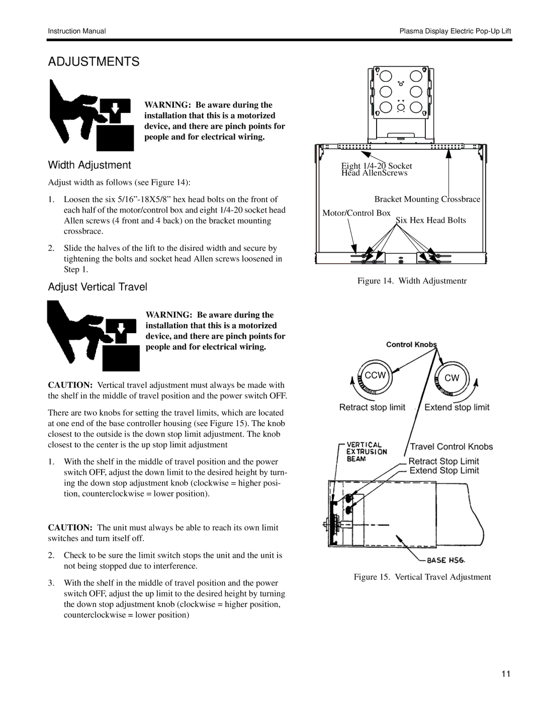 Chief Manufacturing 8805-000009 manual Adjustments, Width Adjustment, Adjust Vertical Travel 