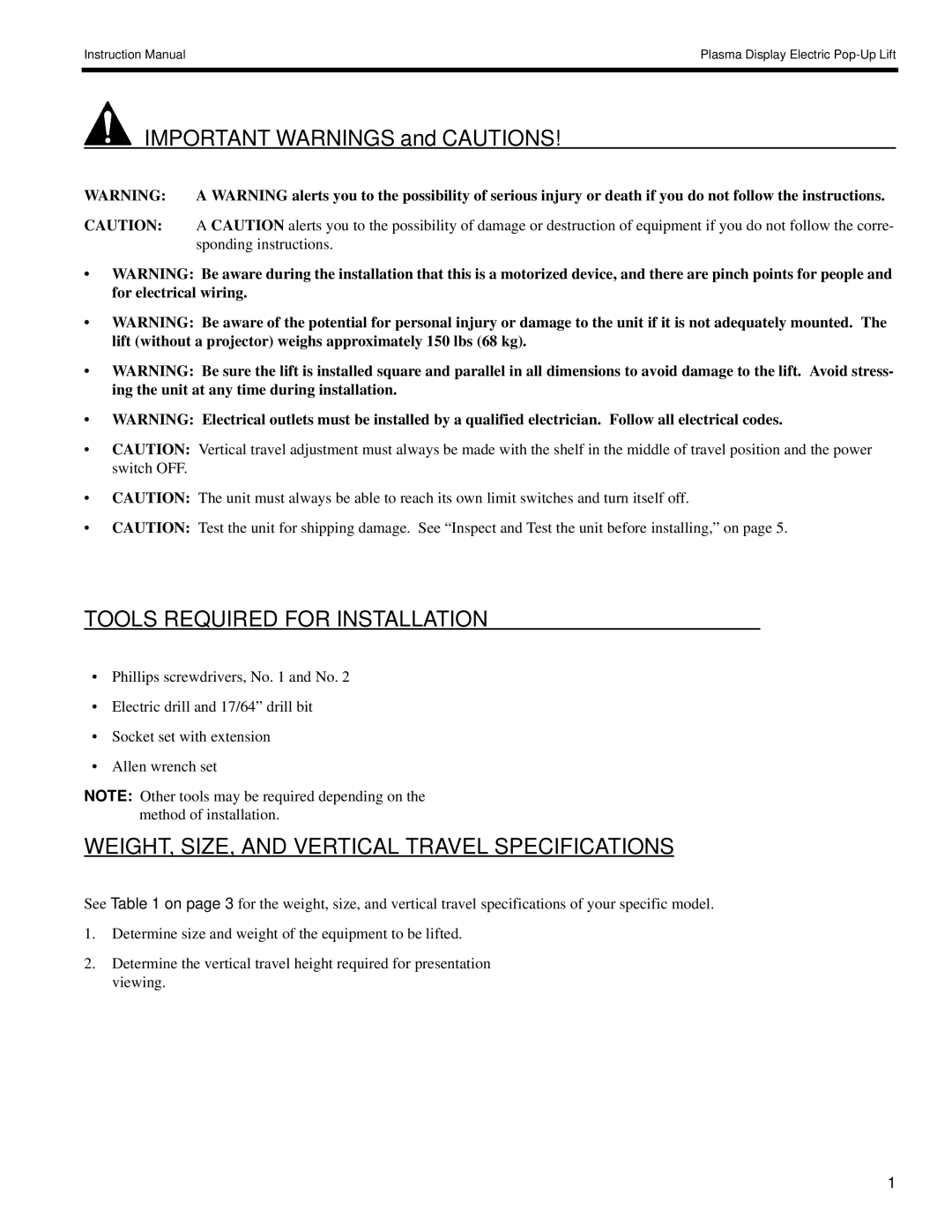 Chief Manufacturing 8805-000009 manual Tools Required for Installation, WEIGHT, SIZE, and Vertical Travel Specifications 