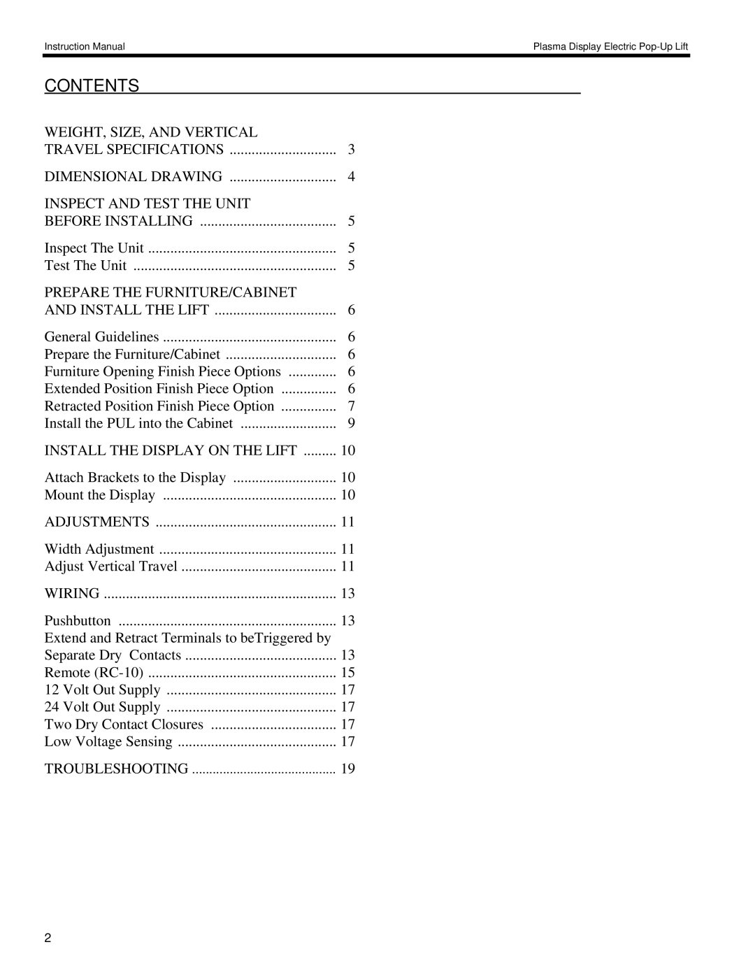 Chief Manufacturing 8805-000009 manual Contents 