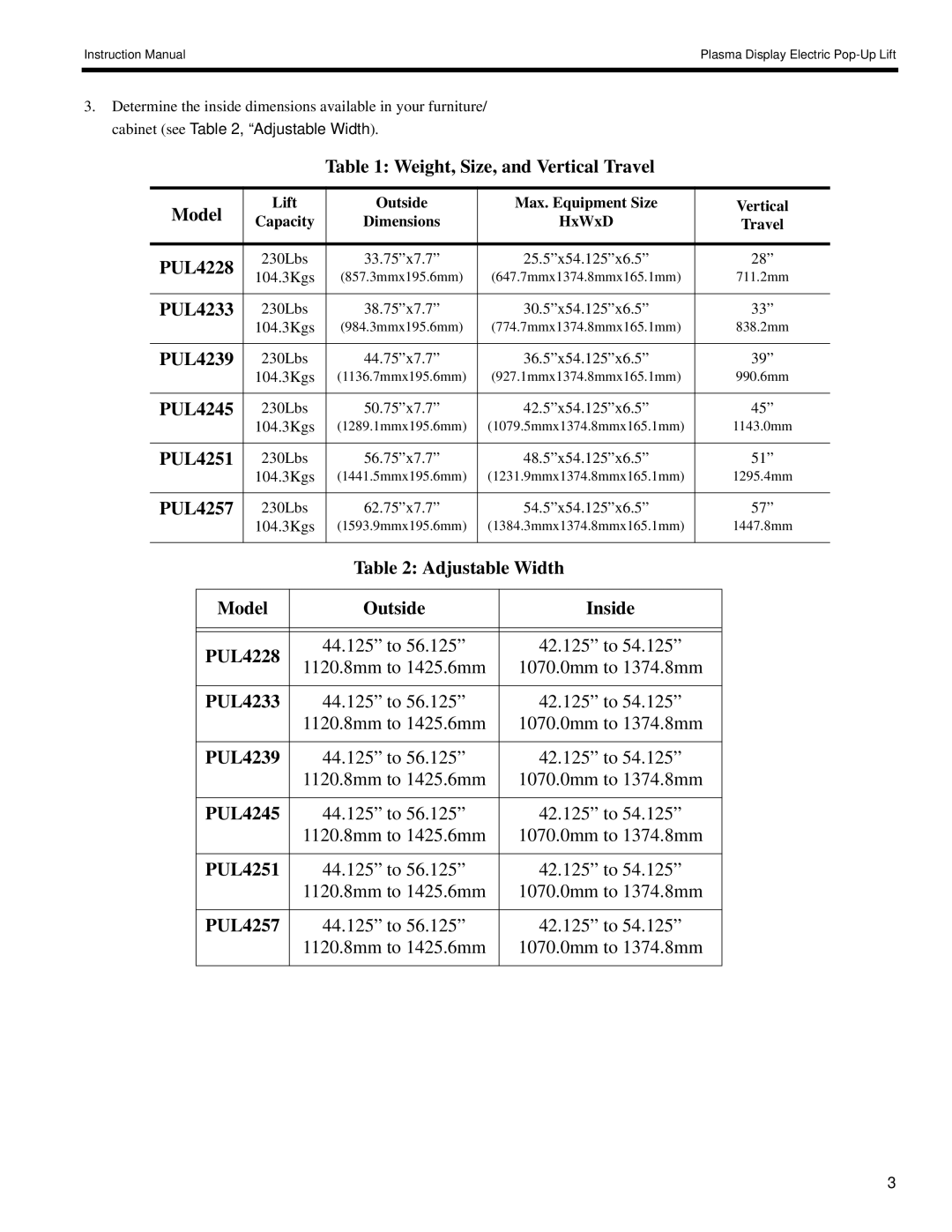 Chief Manufacturing 8805-000009 manual Weight, Size, and Vertical Travel Model 