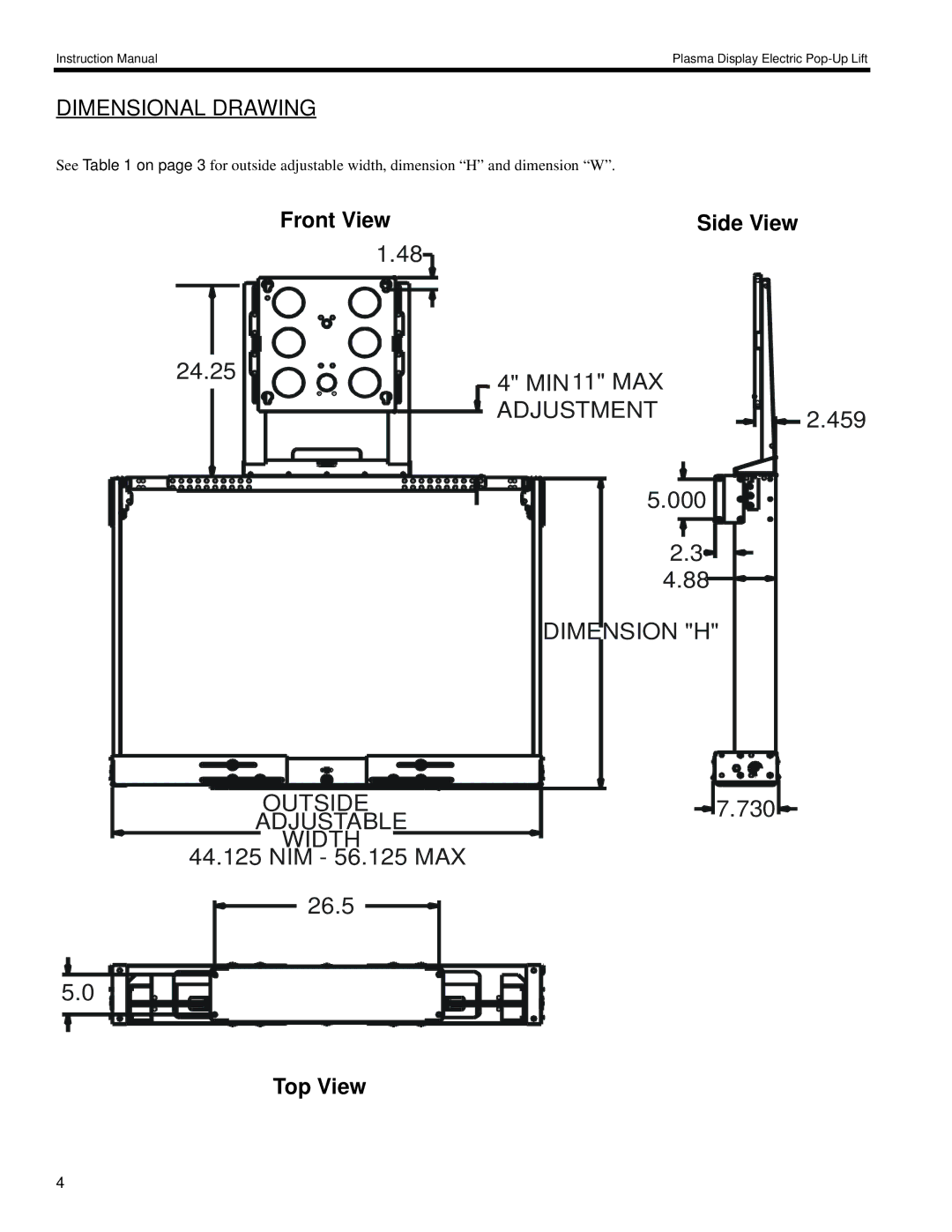 Chief Manufacturing 8805-000009 manual Dimensional Drawing, Front View 