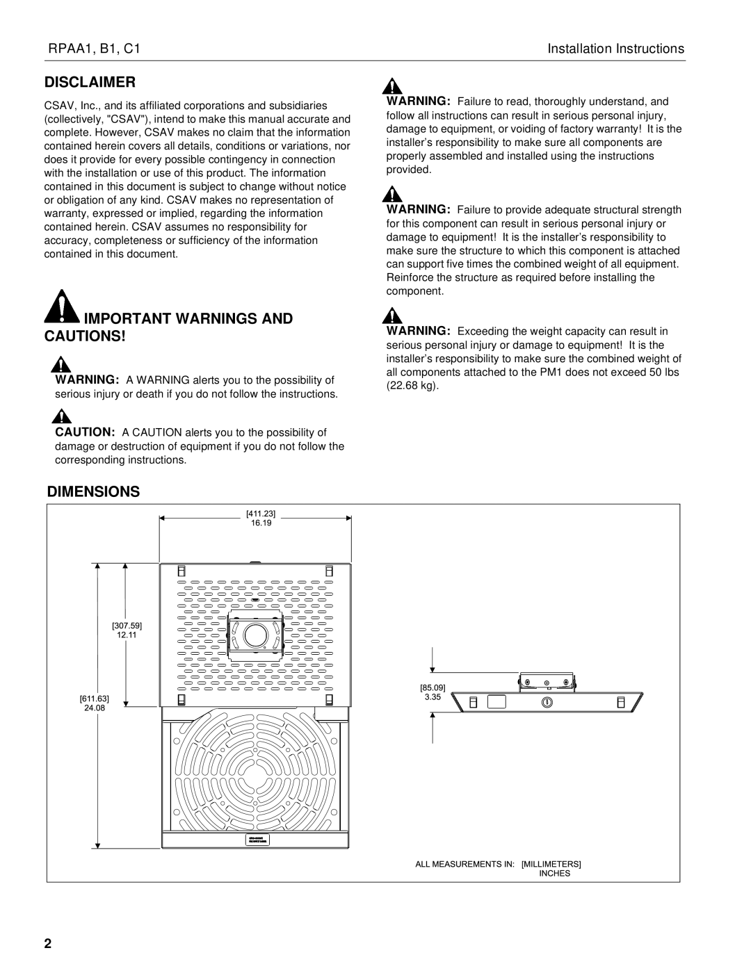 Chief Manufacturing RPAA1, B1, C1 installation instructions Disclaimer, Important Warnings and Cautions Dimensions 