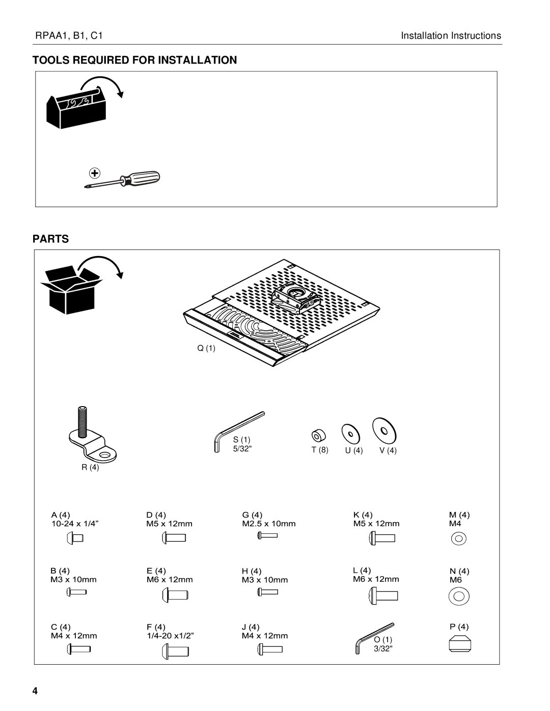 Chief Manufacturing C1, B1, RPAA1 installation instructions Tools Required for Installation Parts 