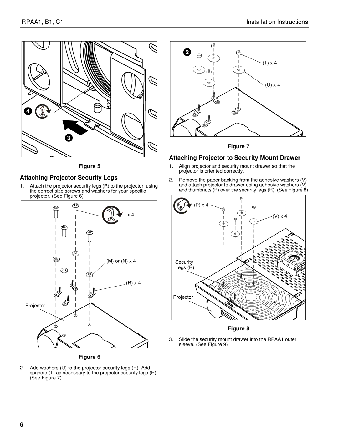 Chief Manufacturing B1, C1, RPAA1 installation instructions Attaching Projector Security Legs 