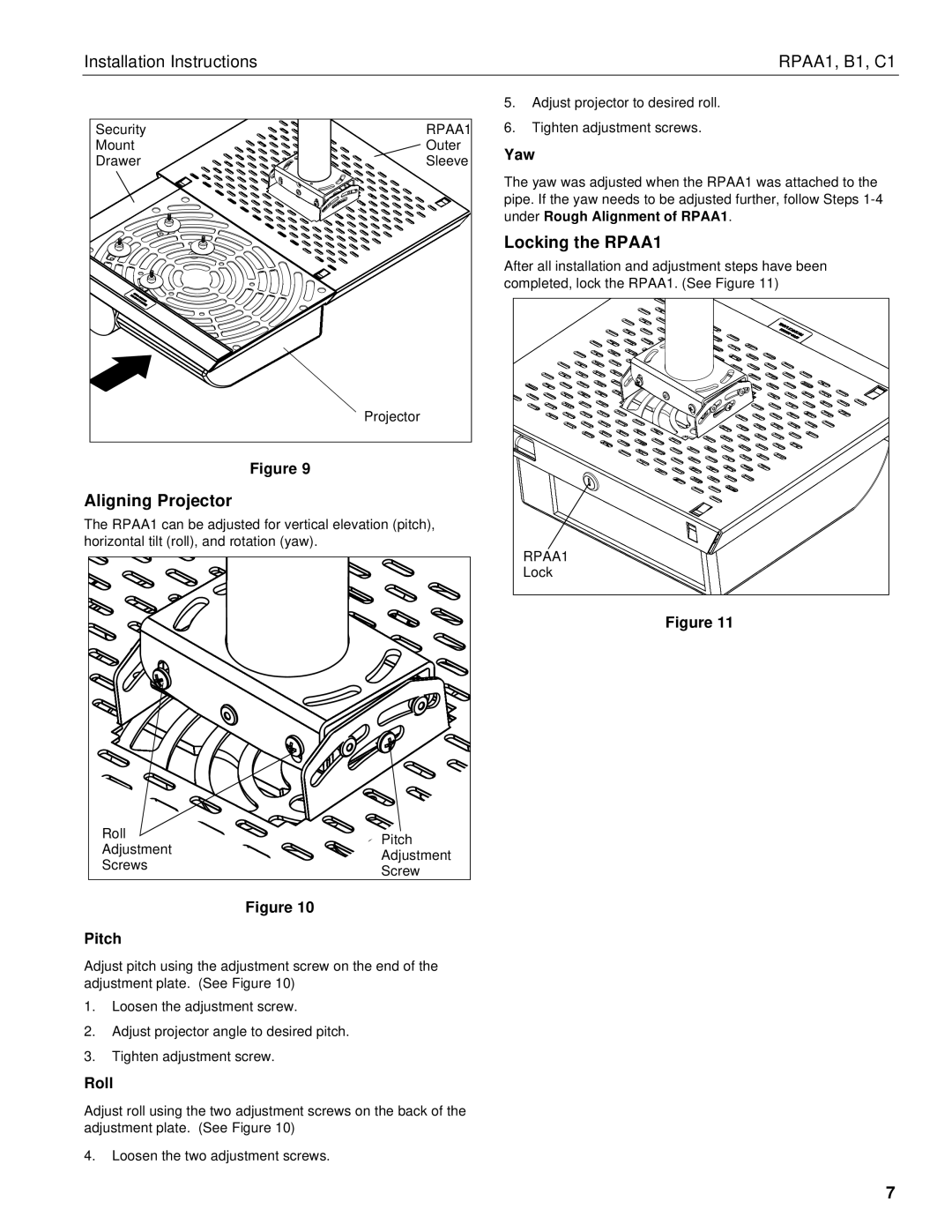 Chief Manufacturing C1, B1 installation instructions Locking the RPAA1, Aligning Projector 