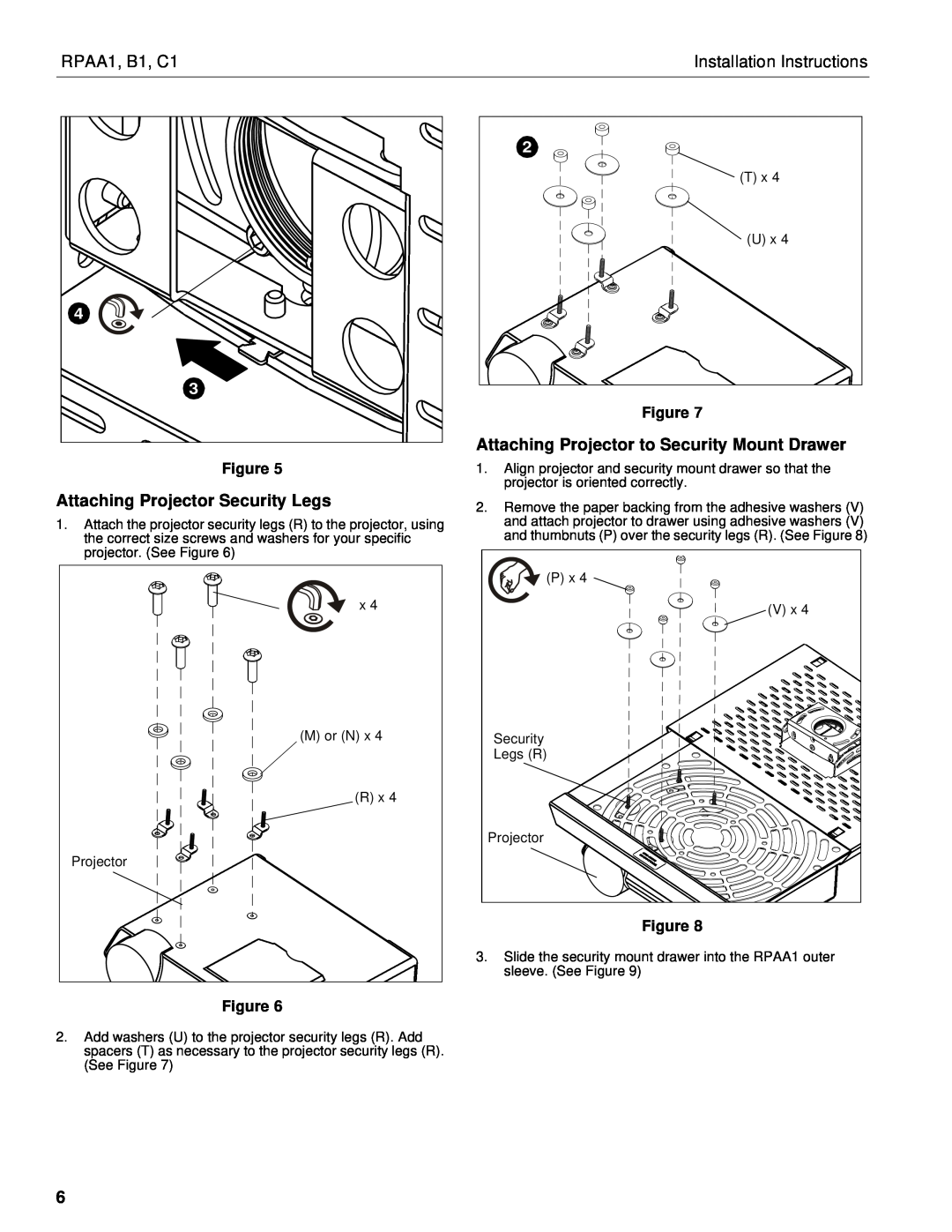 Chief Manufacturing Attaching Projector Security Legs, RPAA1, B1, C1, Installation Instructions 