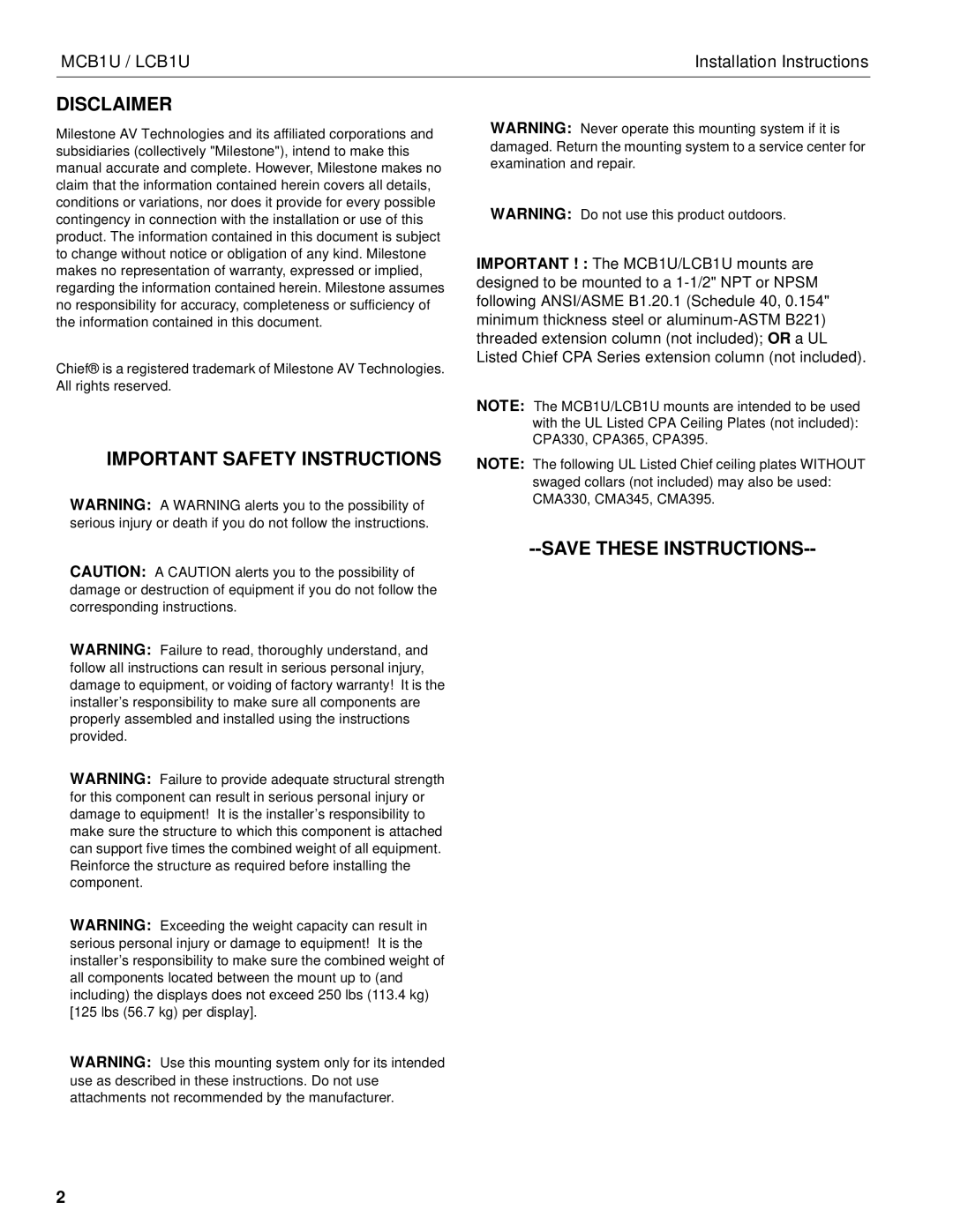 Chief Manufacturing chief back-to-back flat panel ceiling mounts Disclaimer, Important Safety Instructions 