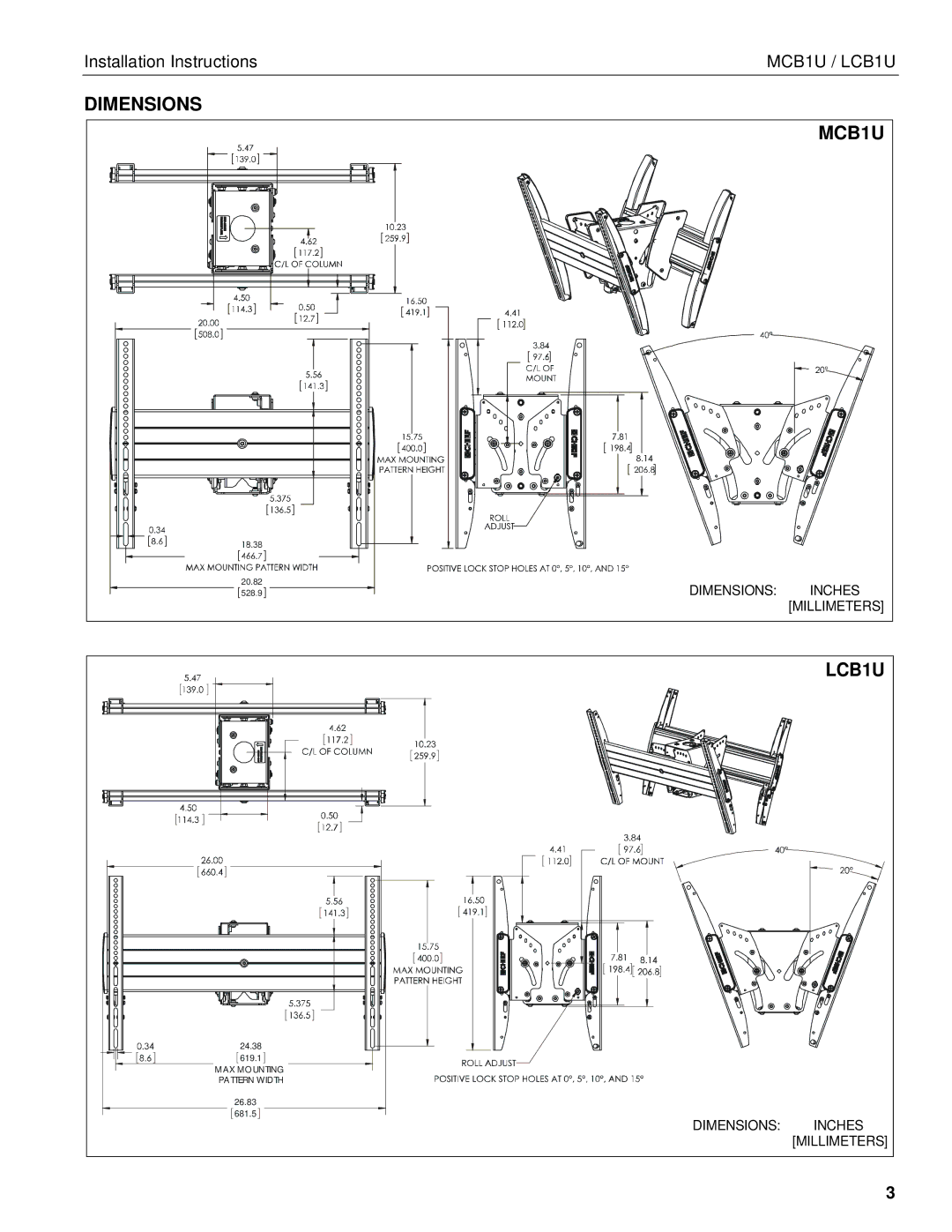 Chief Manufacturing chief back-to-back flat panel ceiling mounts Dimensions MCB1U, LCB1U, Installation Instructions 