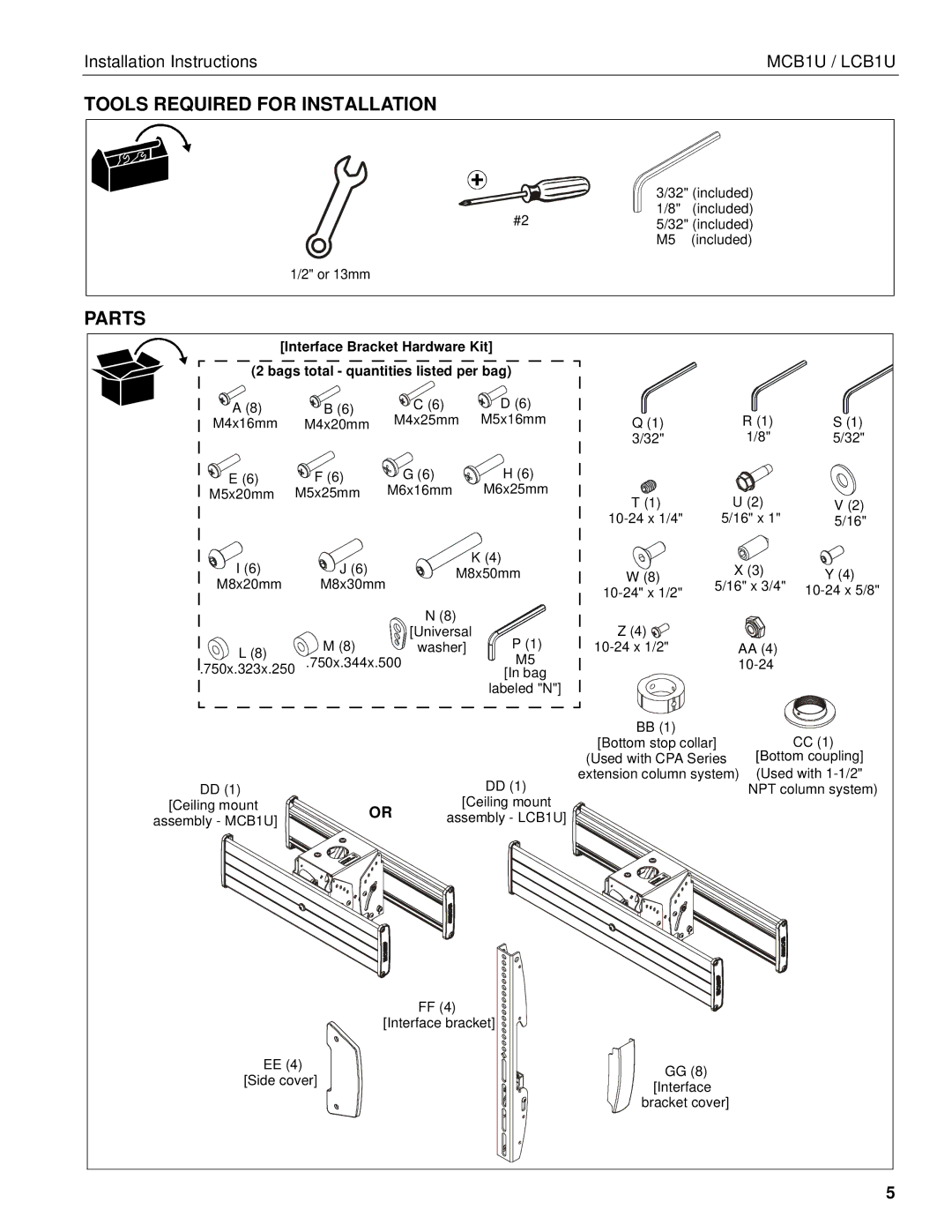 Chief Manufacturing chief back-to-back flat panel ceiling mounts Tools Required for Installation, Parts 