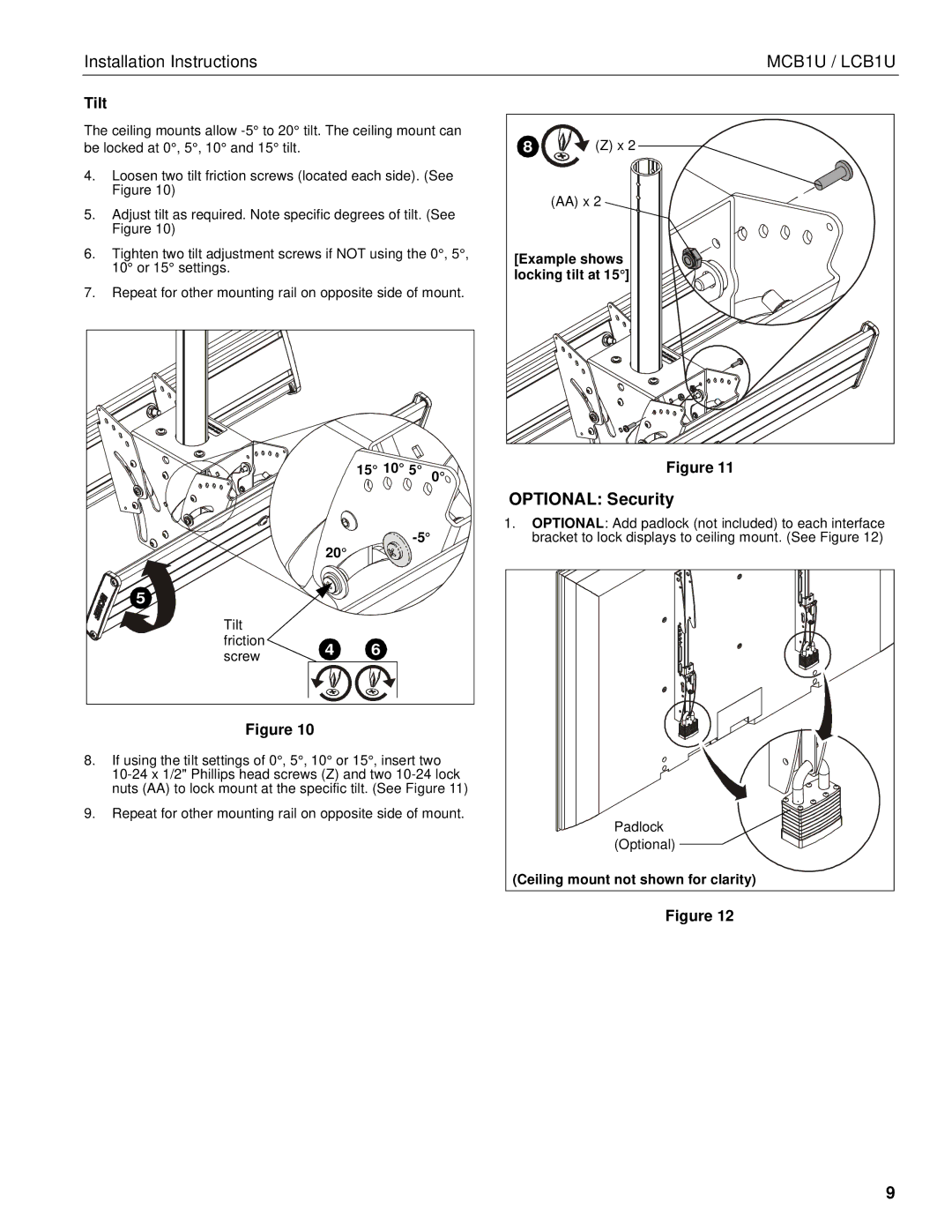 Chief Manufacturing chief back-to-back flat panel ceiling mounts installation instructions Optional Security, Tilt 