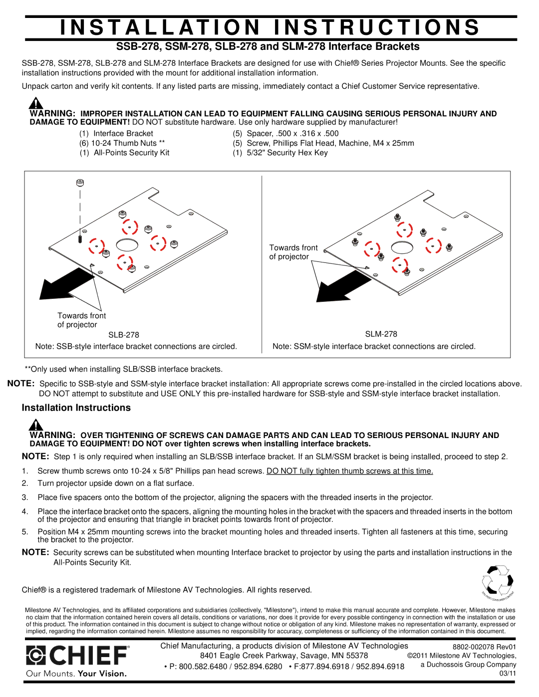 Chief Manufacturing chief installation instructions Installation I N S T R U C T I O N S, Installation Instructions 