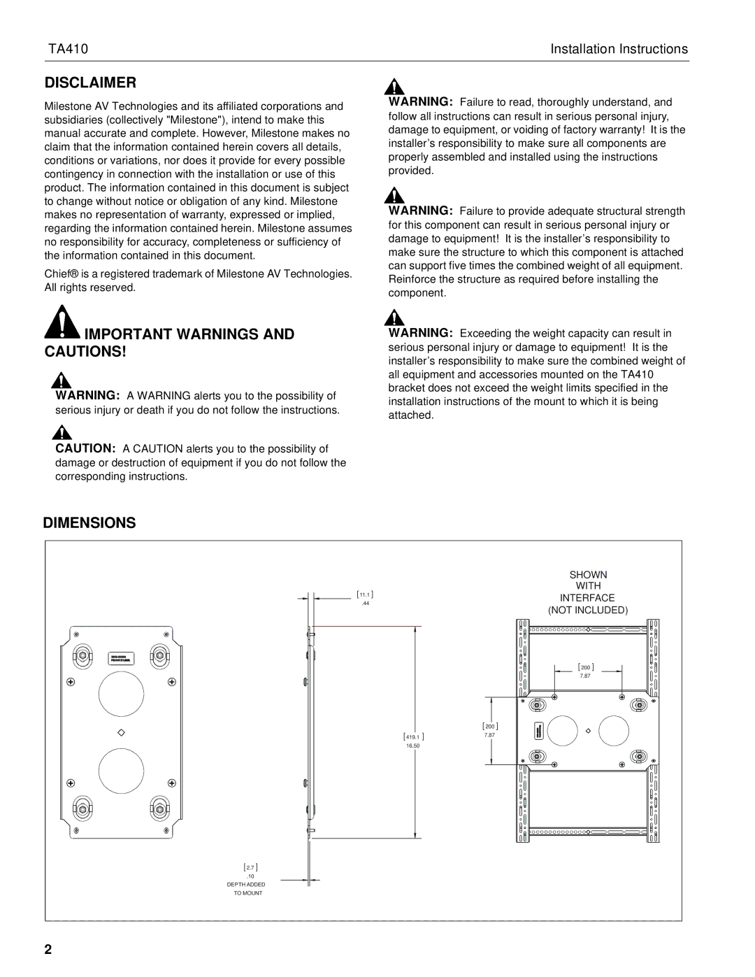 Chief Manufacturing chief installation instructions Disclaimer, Important Warnings and Cautions 