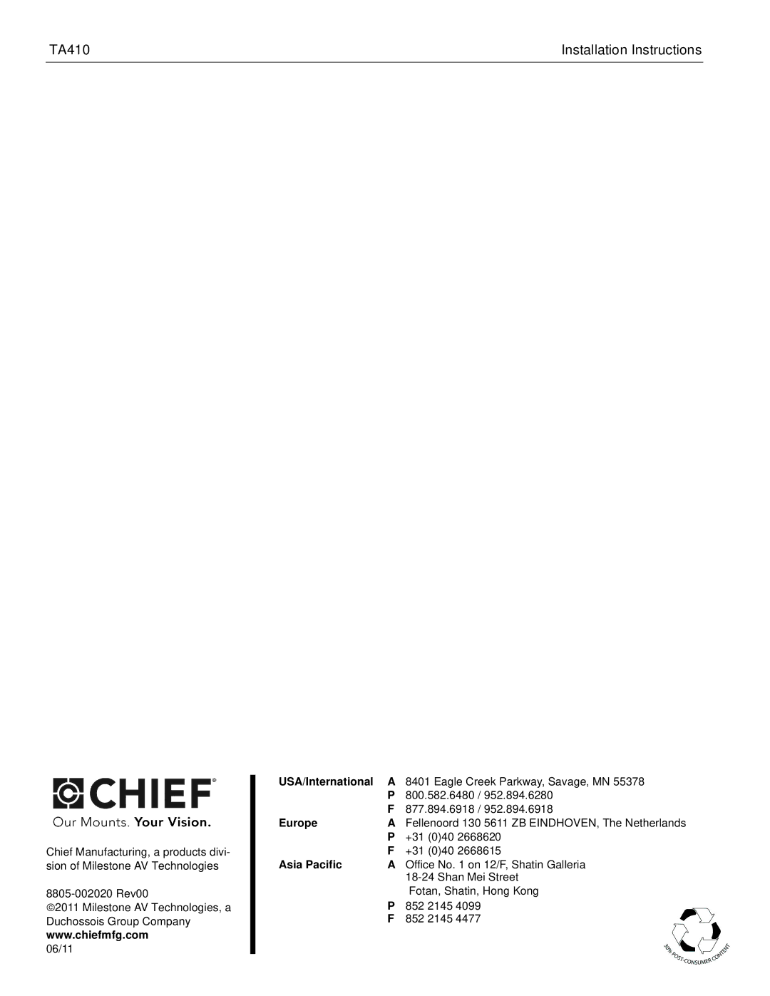 Chief Manufacturing chief installation instructions +31 040 