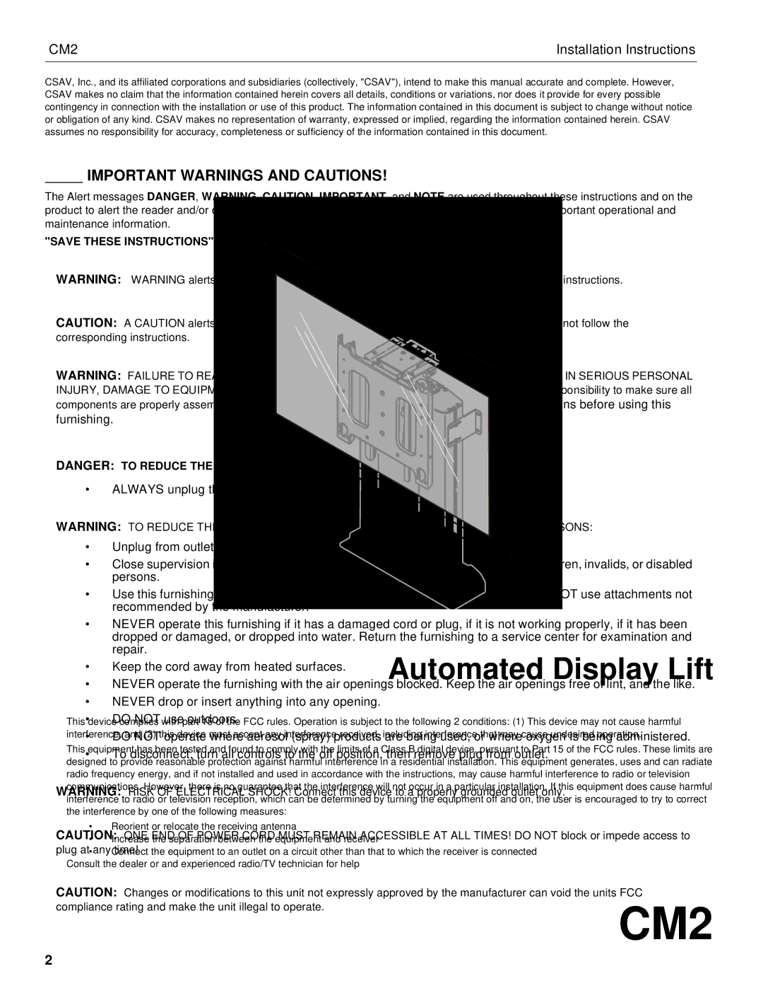 Chief Manufacturing CM2 installation instructions Important Warnings and Cautions 