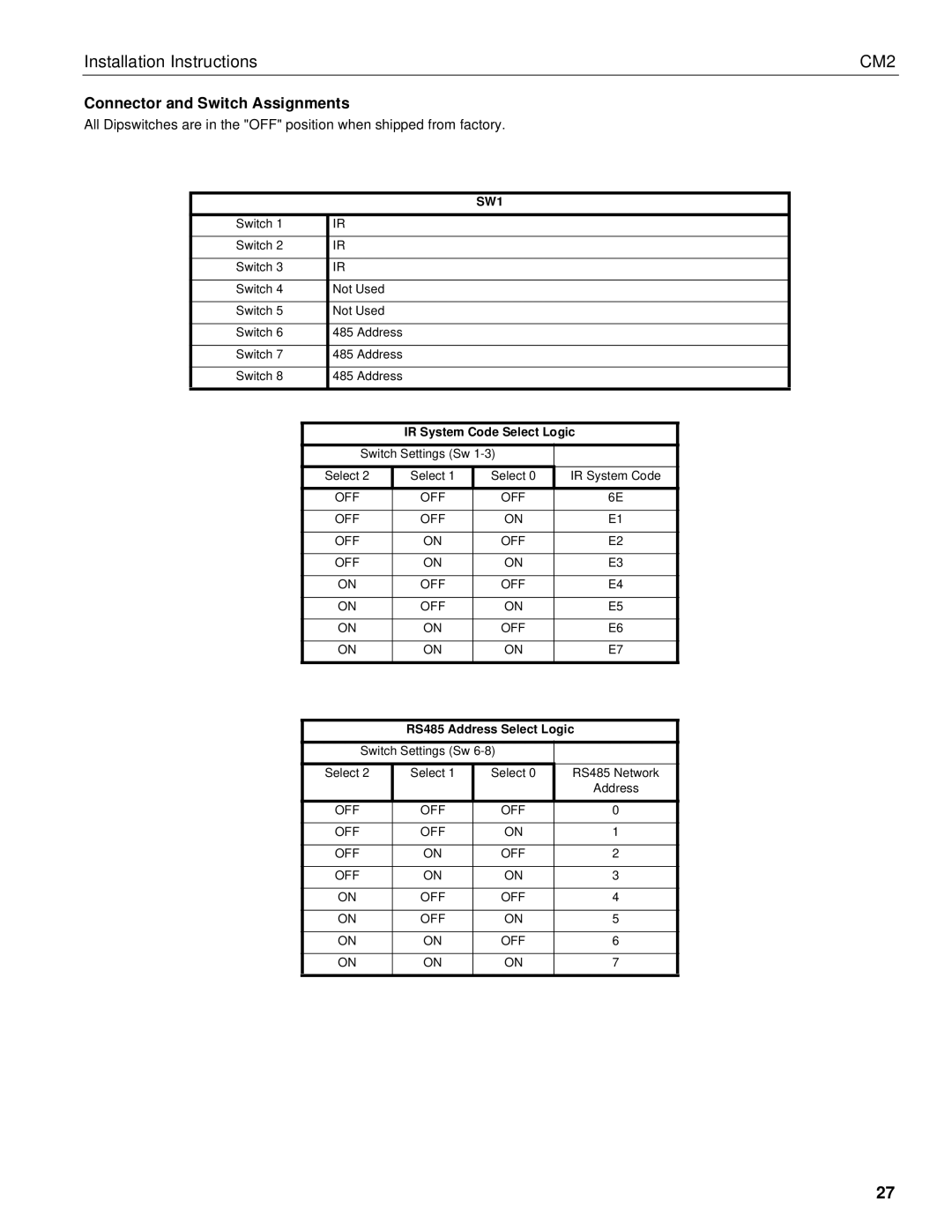 Chief Manufacturing CM2 installation instructions Connector and Switch Assignments, SW1 