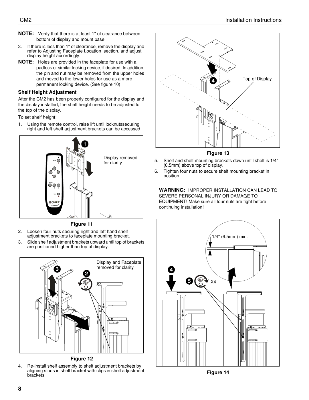 Chief Manufacturing CM2 installation instructions Shelf Height Adjustment, For clarity 