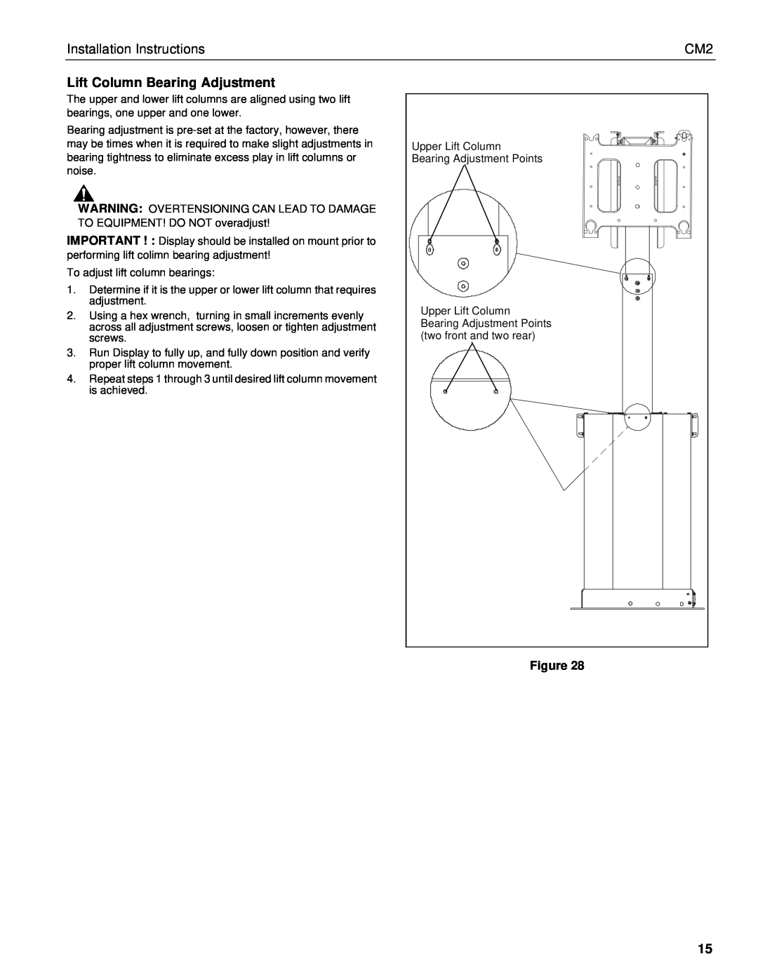 Chief Manufacturing CM2 installation instructions Lift Column Bearing Adjustment, Installation Instructions 