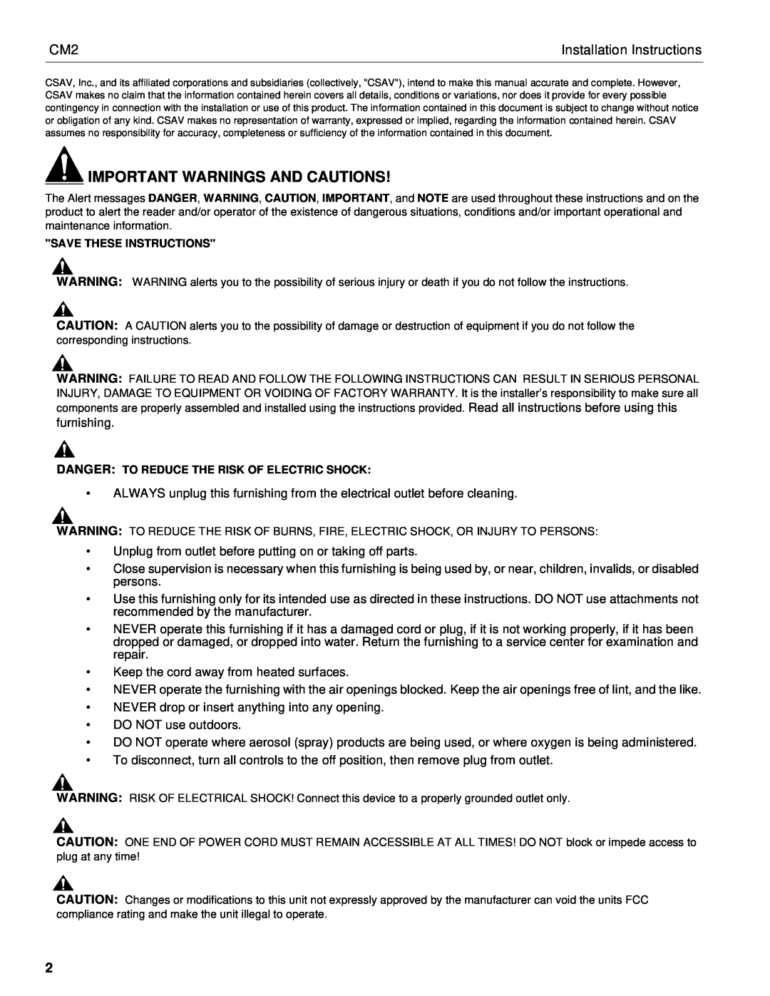 Chief Manufacturing CM2 installation instructions Important Warnings And Cautions, Installation Instructions 
