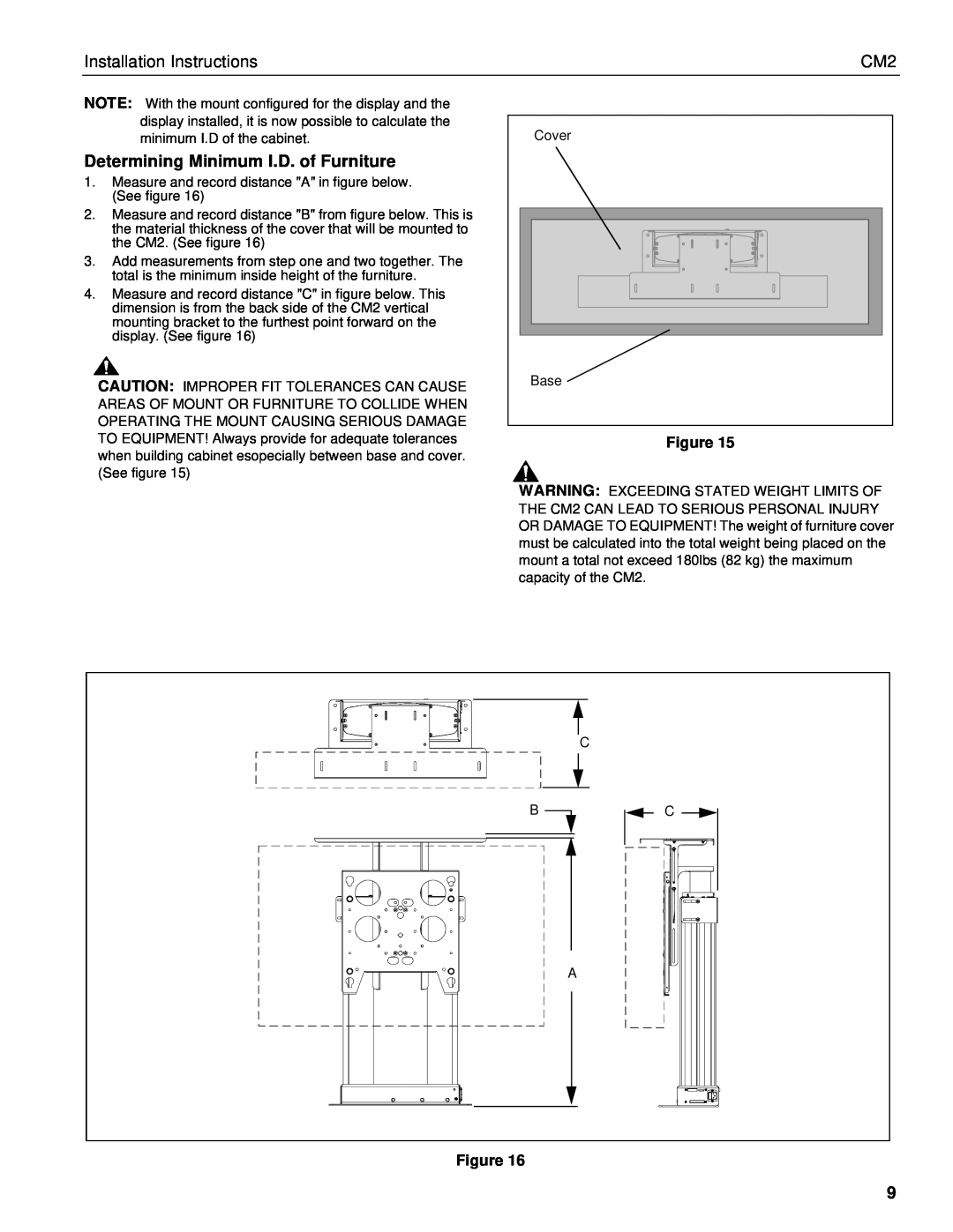 Chief Manufacturing CM2 installation instructions Determining Minimum I.D. of Furniture, Installation Instructions 