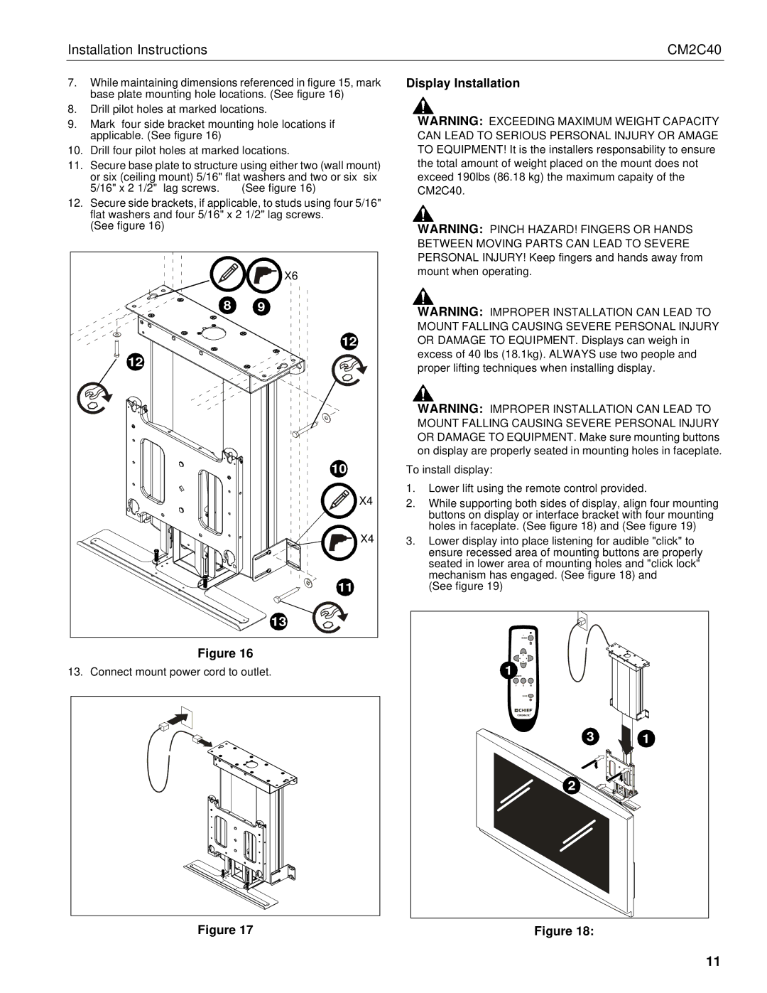 Chief Manufacturing CM2C40 installation instructions Display Installation 