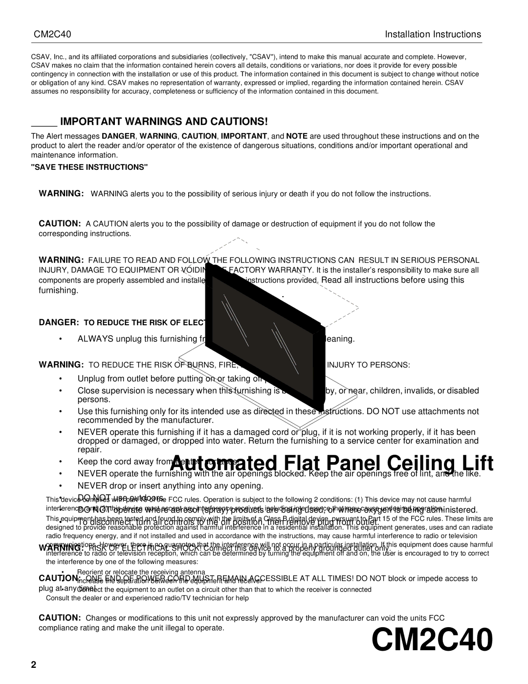 Chief Manufacturing CM2C40 installation instructions Important Warnings and Cautions 