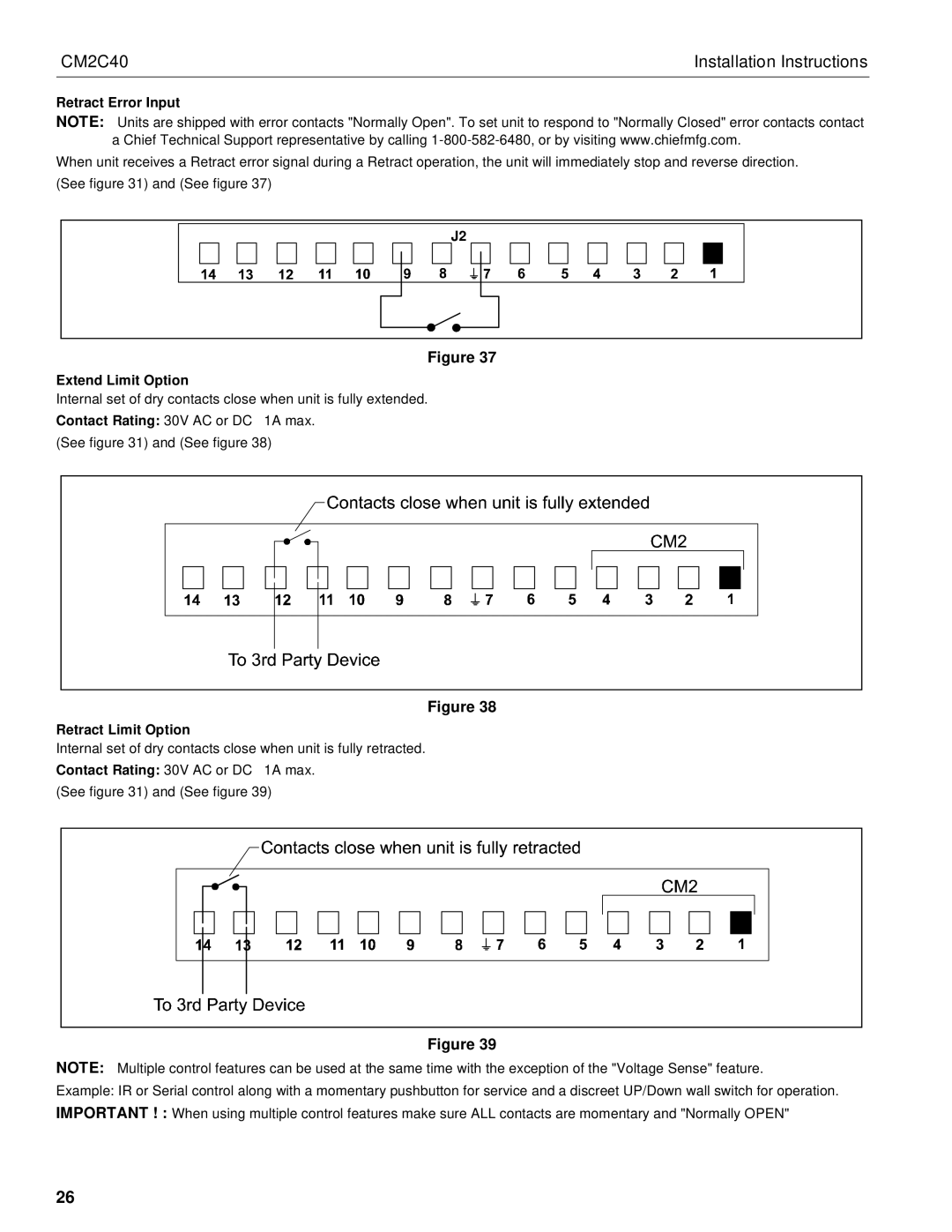 Chief Manufacturing CM2C40 installation instructions Retract Error Input, Extend Limit Option, Retract Limit Option 