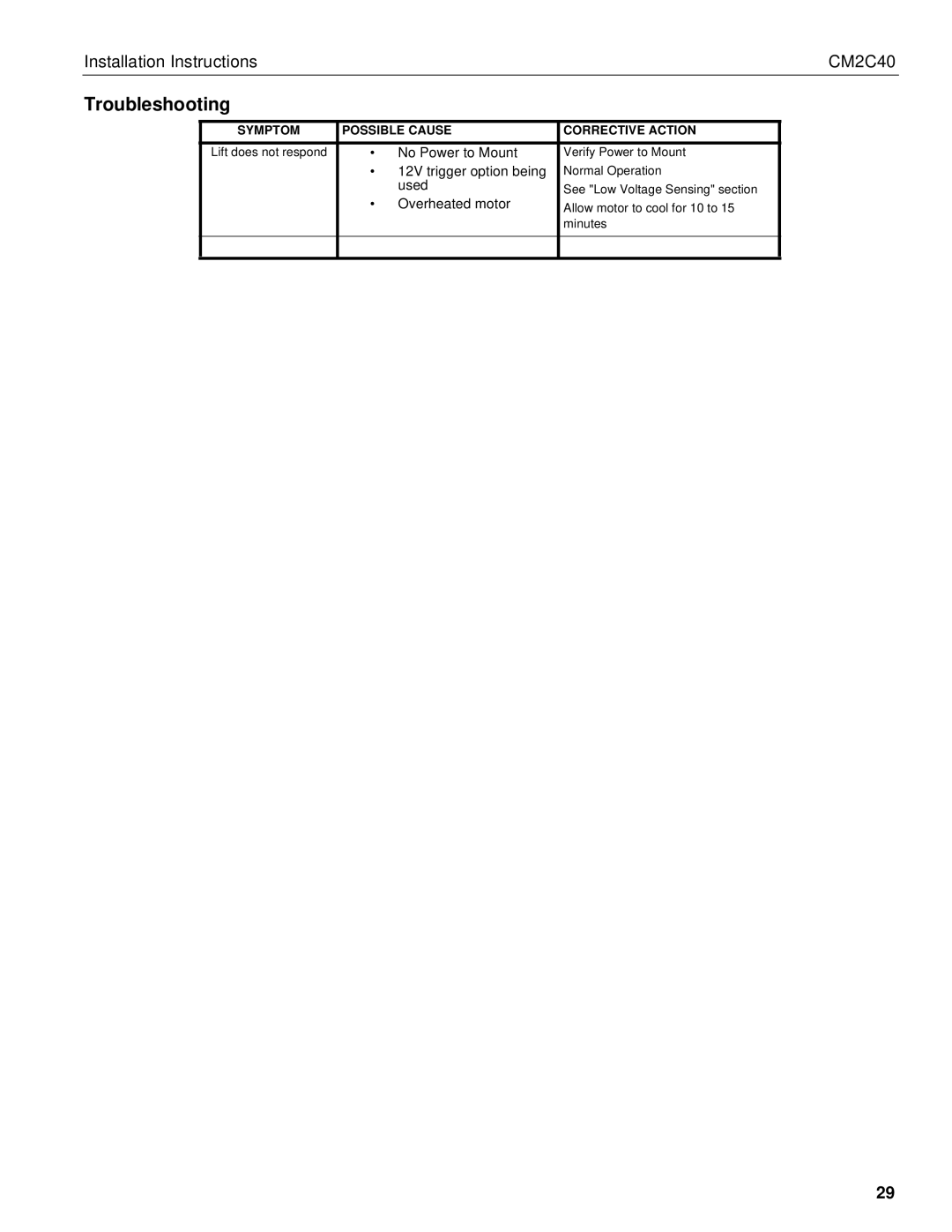 Chief Manufacturing CM2C40 installation instructions Troubleshooting 