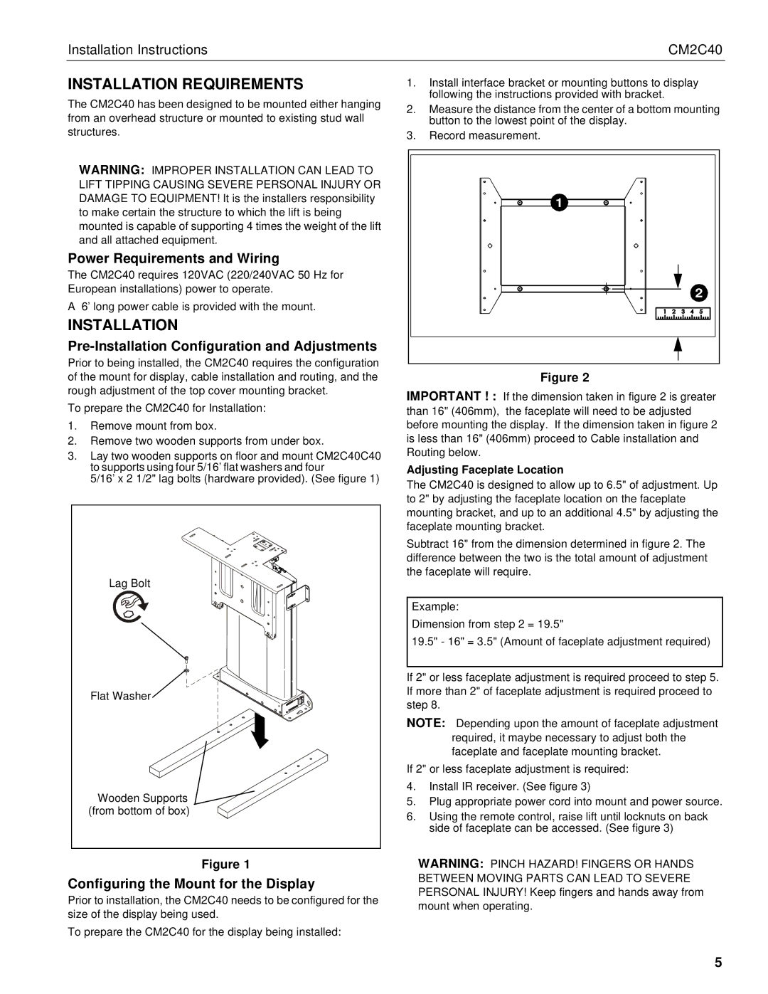 Chief Manufacturing CM2C40 Power Requirements and Wiring, Pre-Installation Configuration and Adjustments 