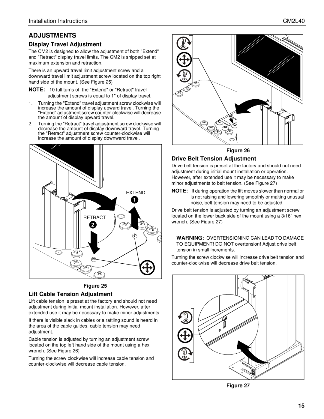 Chief Manufacturing CM2L40 installation instructions Adjustments, Display Travel Adjustment, Drive Belt Tension Adjustment 